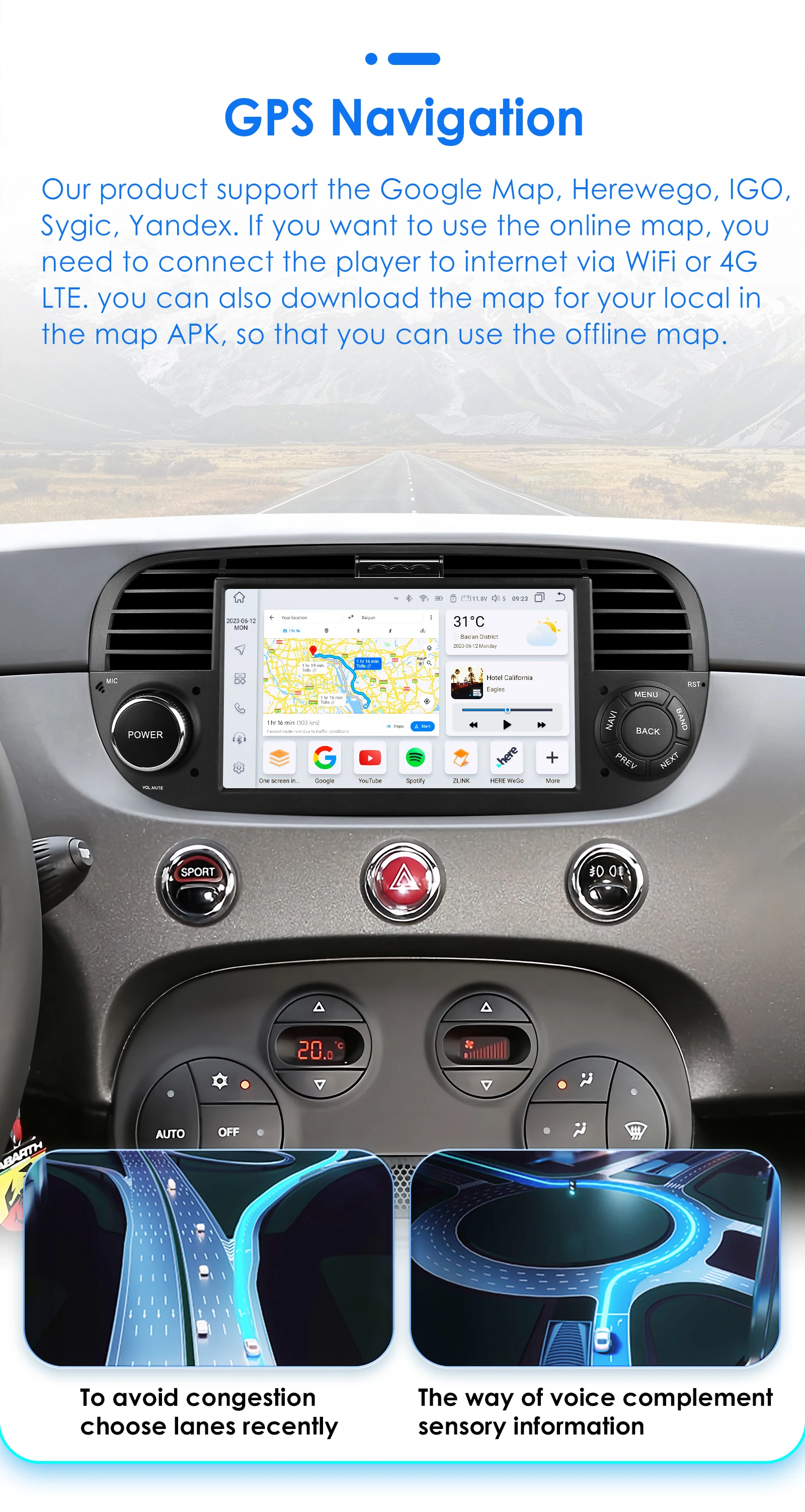 Hizpo 7 Inch 8 Core Car Radio Stereo for FIAT 500 2007-2015 GPS 2din Autoradio CarPlay Android 13 Auto Navigation Head Unit Wifi