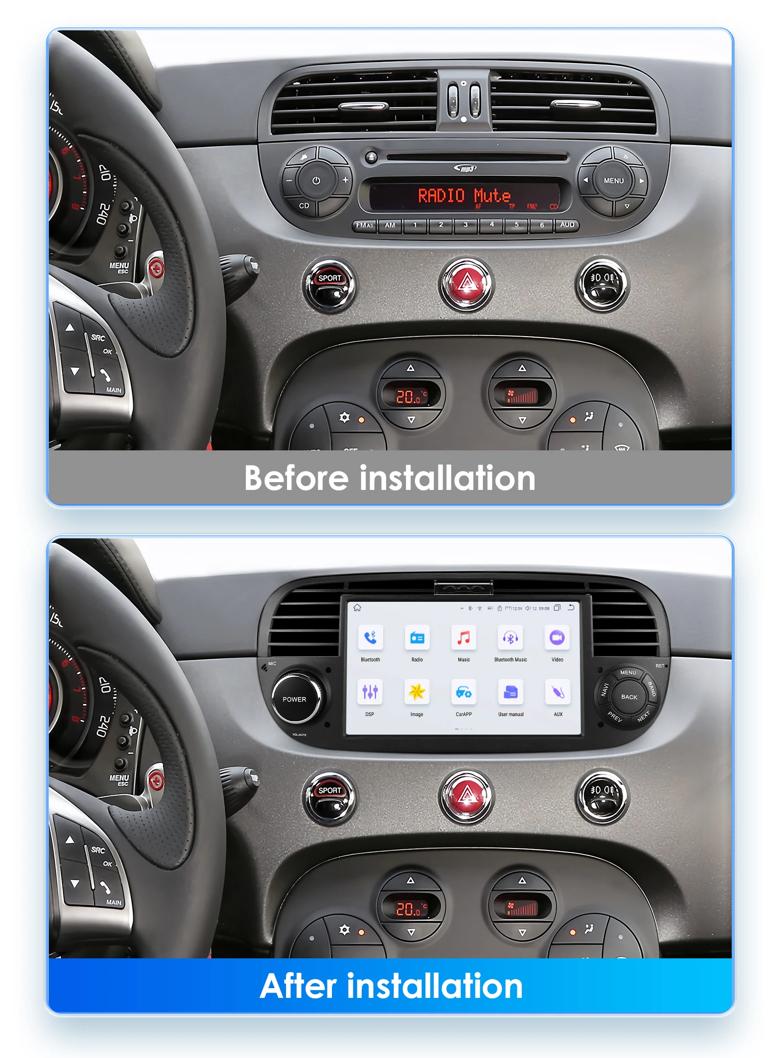 Hizpo 7 Inch 8 Core Car Radio Stereo for FIAT 500 2007-2015 GPS 2din Autoradio CarPlay Android 13 Auto Navigation Head Unit Wifi
