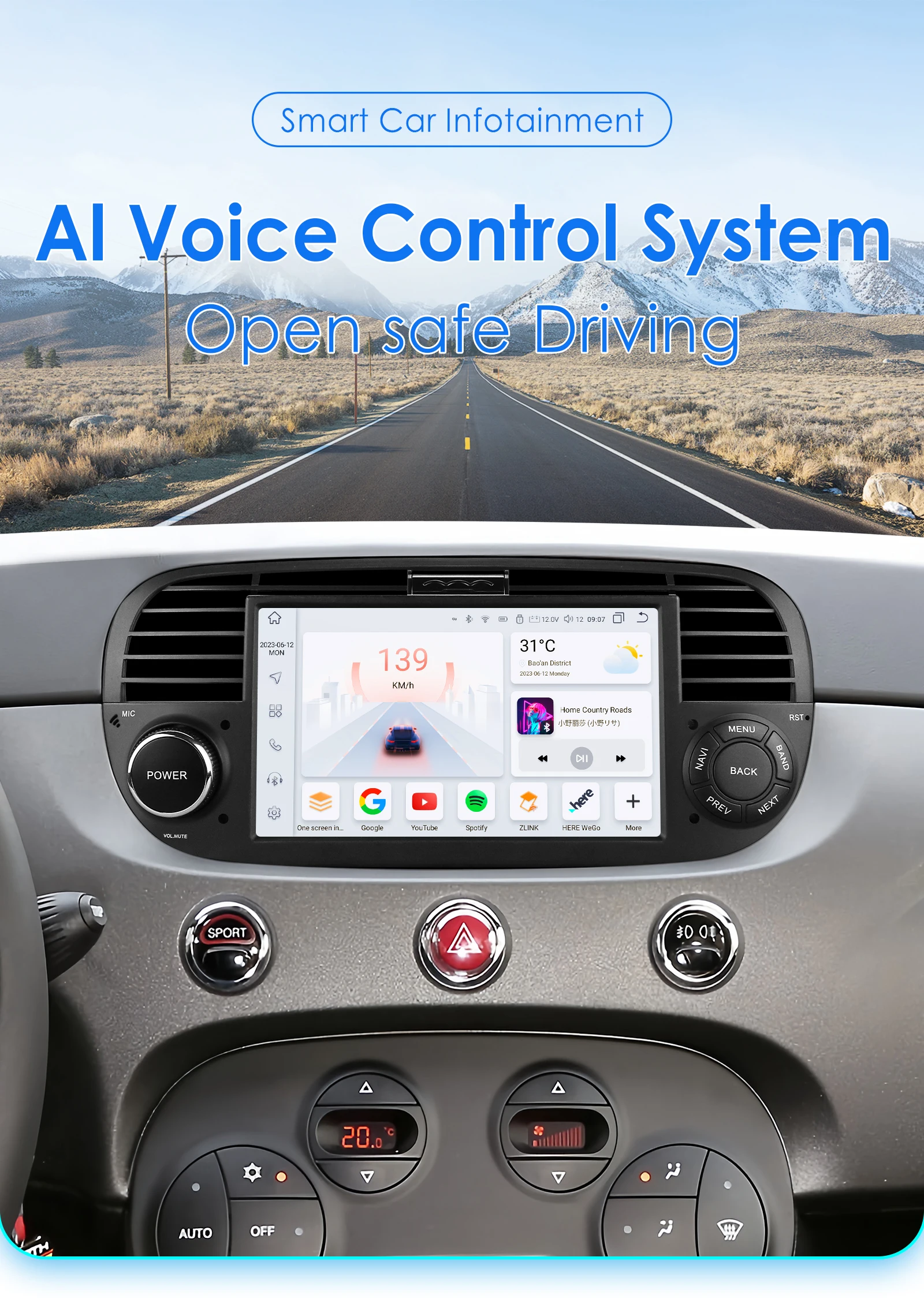 Hizpo 7 Inch 8 Core Car Radio Stereo for FIAT 500 2007-2015 GPS 2din Autoradio CarPlay Android 13 Auto Navigation Head Unit Wifi