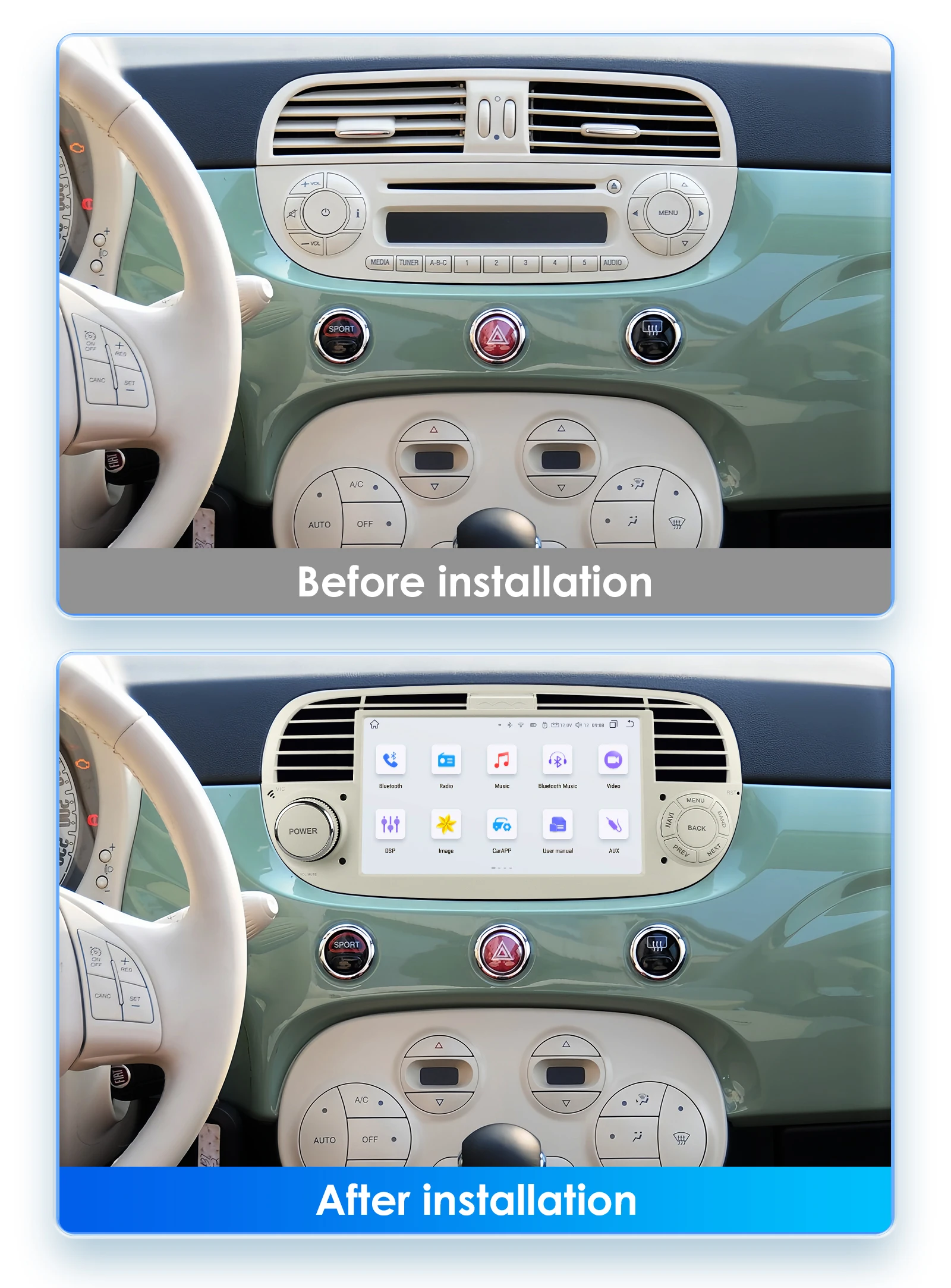 Hizpo 7 Inch 8 Core Car Radio Stereo for FIAT 500 2007-2015 GPS 2din Autoradio CarPlay Android 13 Auto Navigation Head Unit Wifi