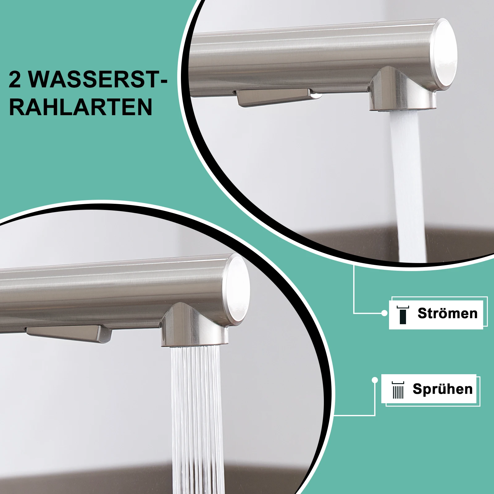 Oeegoo Low Pressure Kitchen Tap, Extendible,Two Water Jet Types,360°Rotatable Mixer Tap Kitchen for Boiler, Brushed