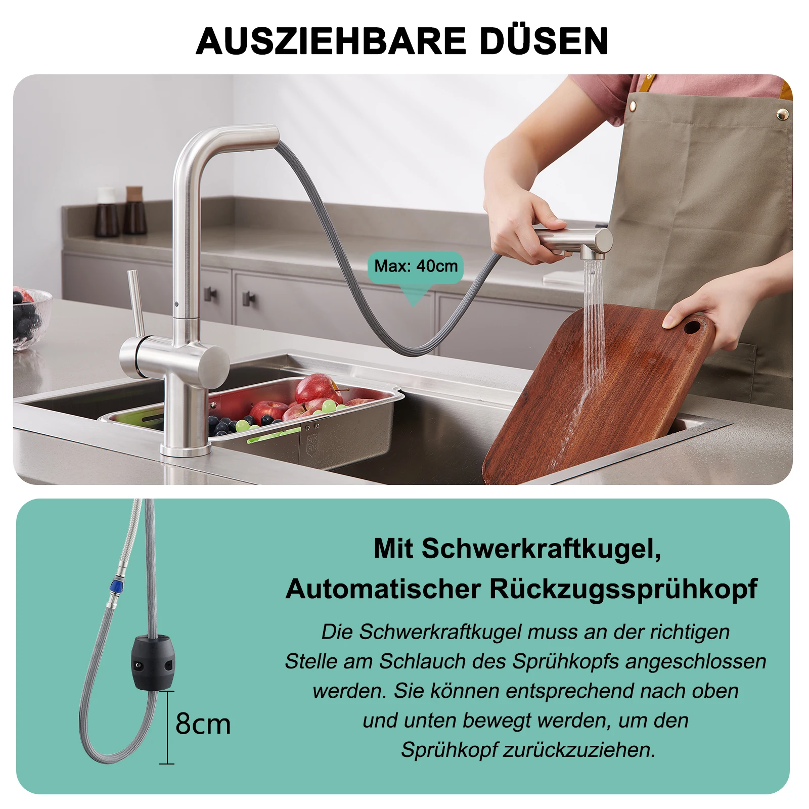 Oeegoo Low Pressure Kitchen Tap, Extendible,Two Water Jet Types,360°Rotatable Mixer Tap Kitchen for Boiler, Brushed