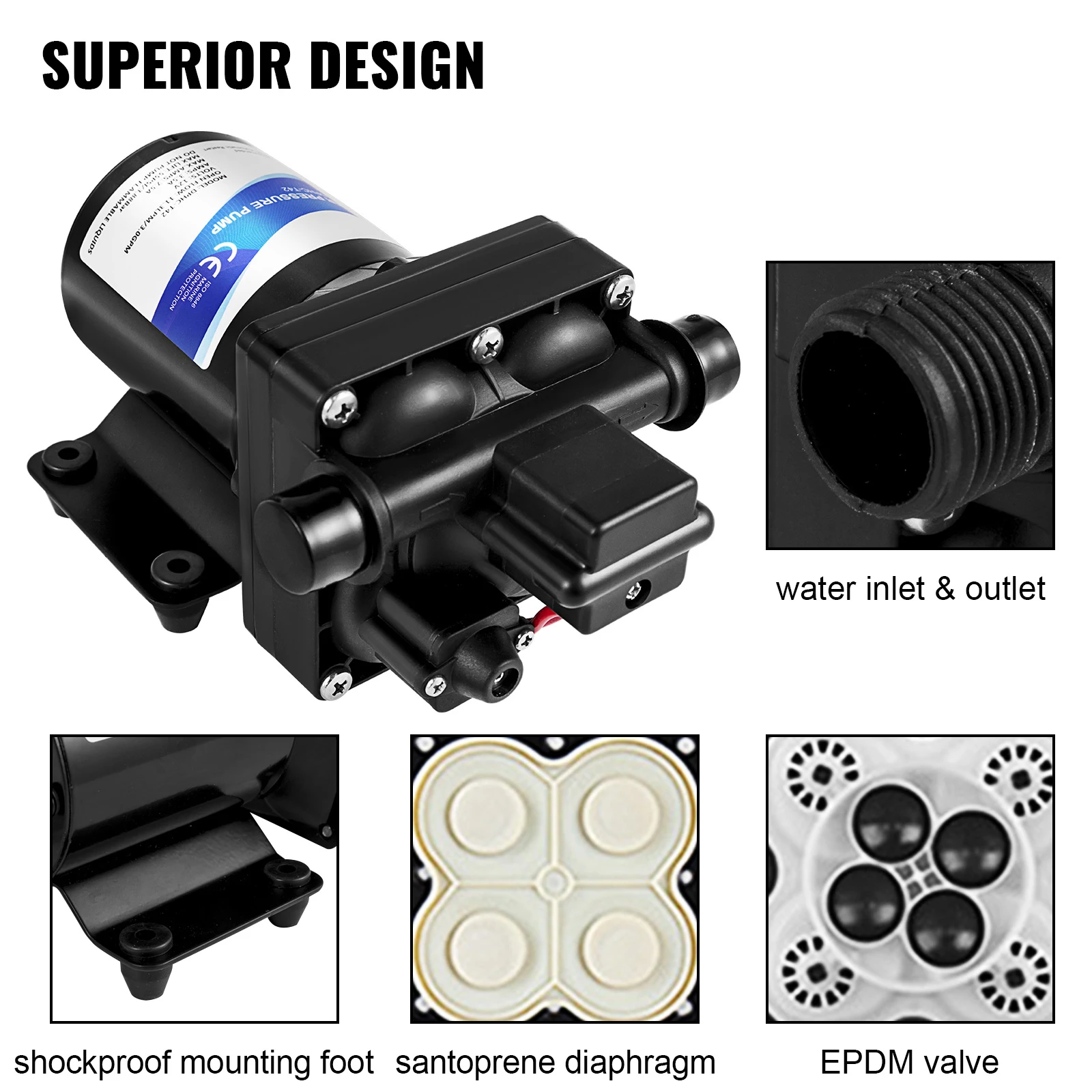 SucceBuy Fresh Water Pump 3 GPM with Pressure Switch 45PSI Detachable Strainer 12V Diaphragm Pump for RV Camper Marine Boat Lawn