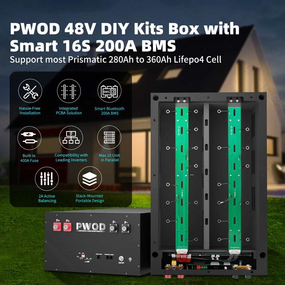 EU Stock PWOD 48V Lifepo4 Battery kits Box Support 280AH to 360AH with Smart 16S 200A BMS Lifepo4 Cell For Home Energy Storage