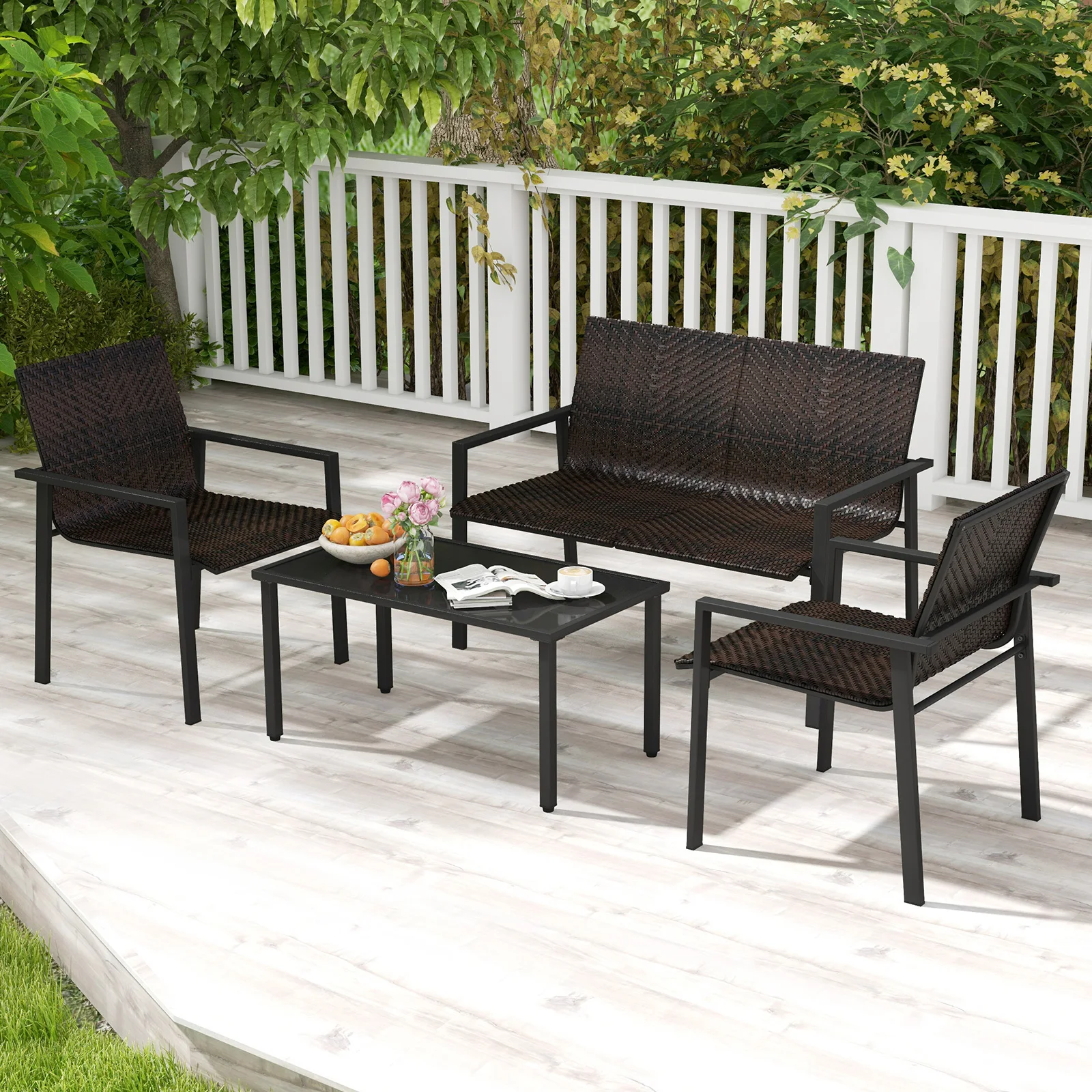 Polyrattan garden furniture set, 4-TLG. Terrace furniture, seating area, seating set for 4 people, garden set incl. 2 Chairs, bench