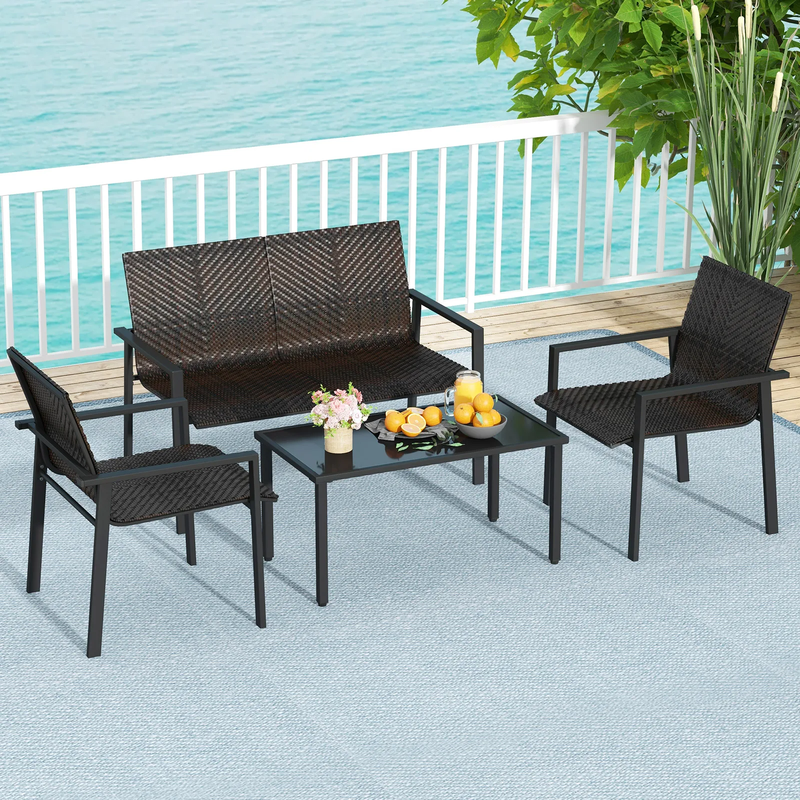 Polyrattan garden furniture set, 4-TLG. Terrace furniture, seating area, seating set for 4 people, garden set incl. 2 Chairs, bench