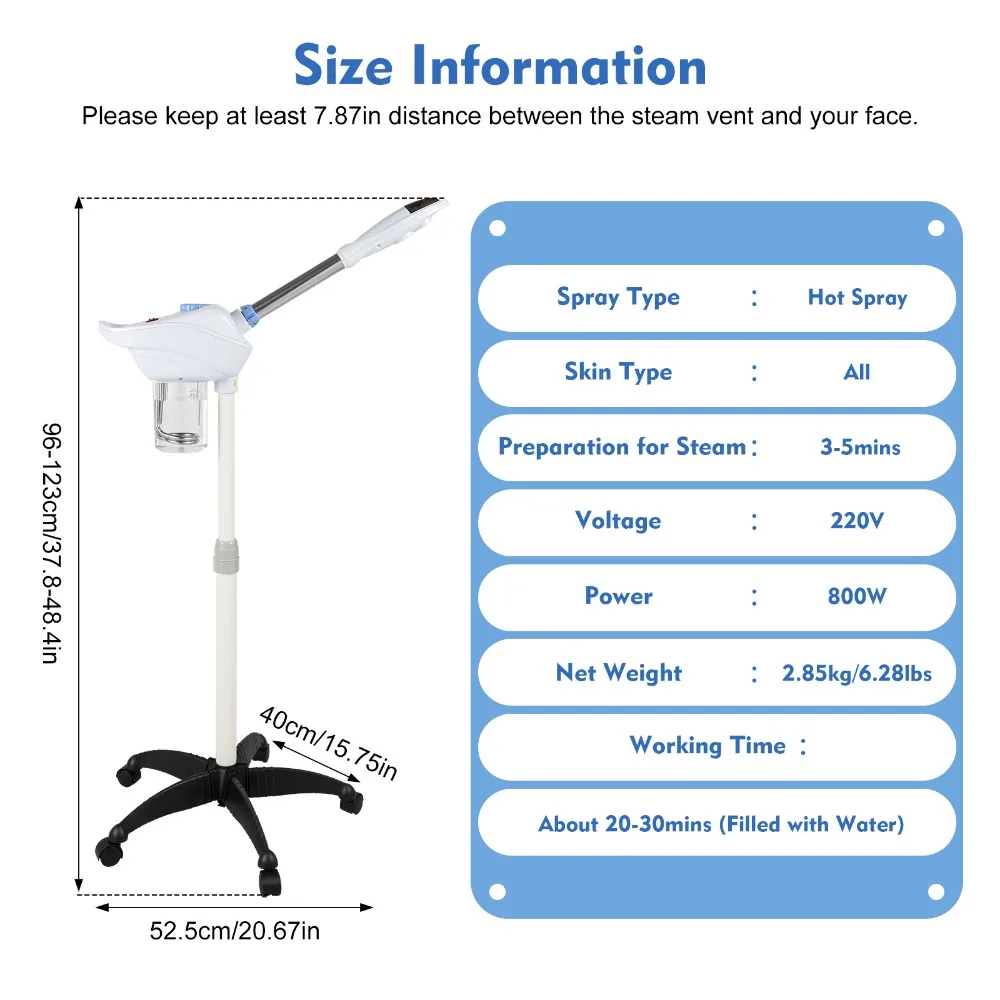 Professional Cosmetic Portable Facial Steamer with Wheels 360° Nozzle Adjustable Height for Beauty Salons Spa