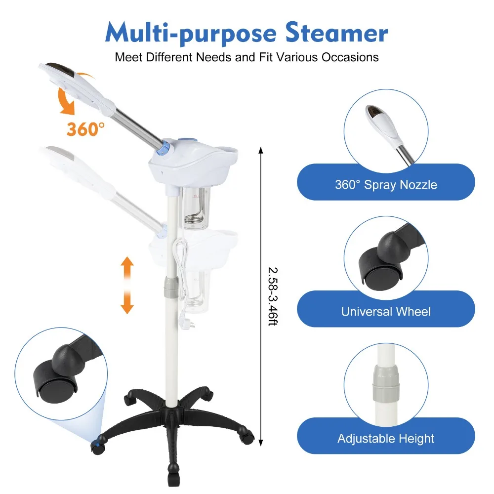 Professional Cosmetic Portable Facial Steamer with Wheels 360° Nozzle Adjustable Height for Beauty Salons Spa