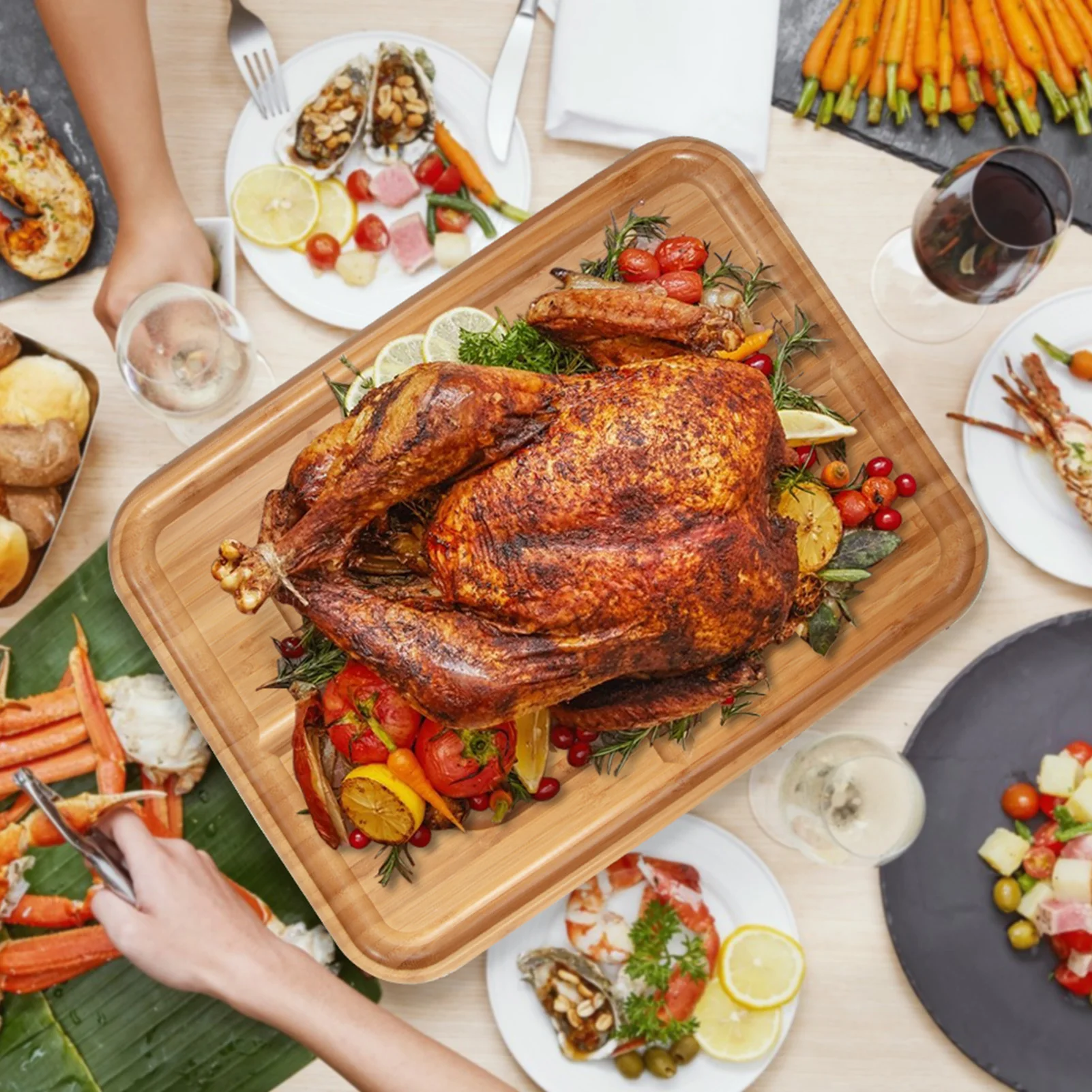 Bamboo Wood Cutting Board Cutting Carving Raised Ridges to Hold Meat for Holiday Thanksgiving Christmas Dinner