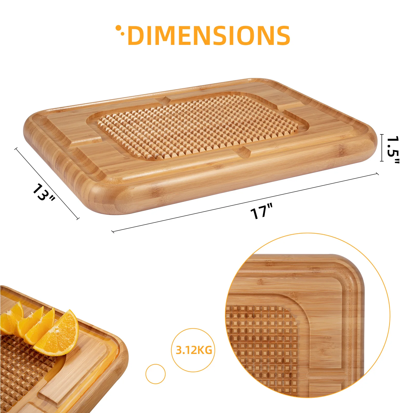 Bamboo Wood Cutting Board Cutting Carving Raised Ridges to Hold Meat for Holiday Thanksgiving Christmas Dinner