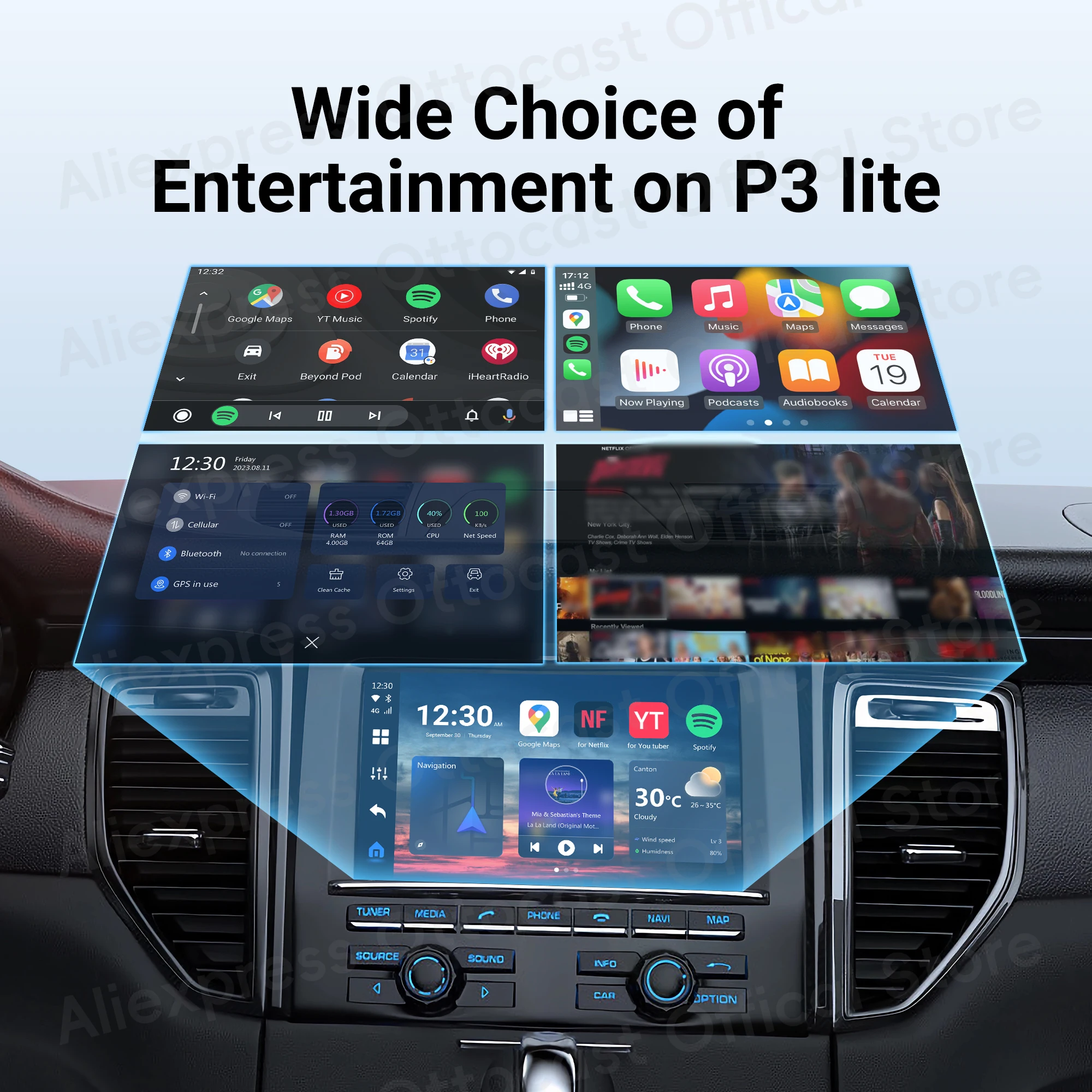 OTTOCAST Android AI Box QCM6125 OttoAiBox P3 Lite Wireless CarPlay for Netflix for Youtuber Built in GPS Car Accessories 4+64G