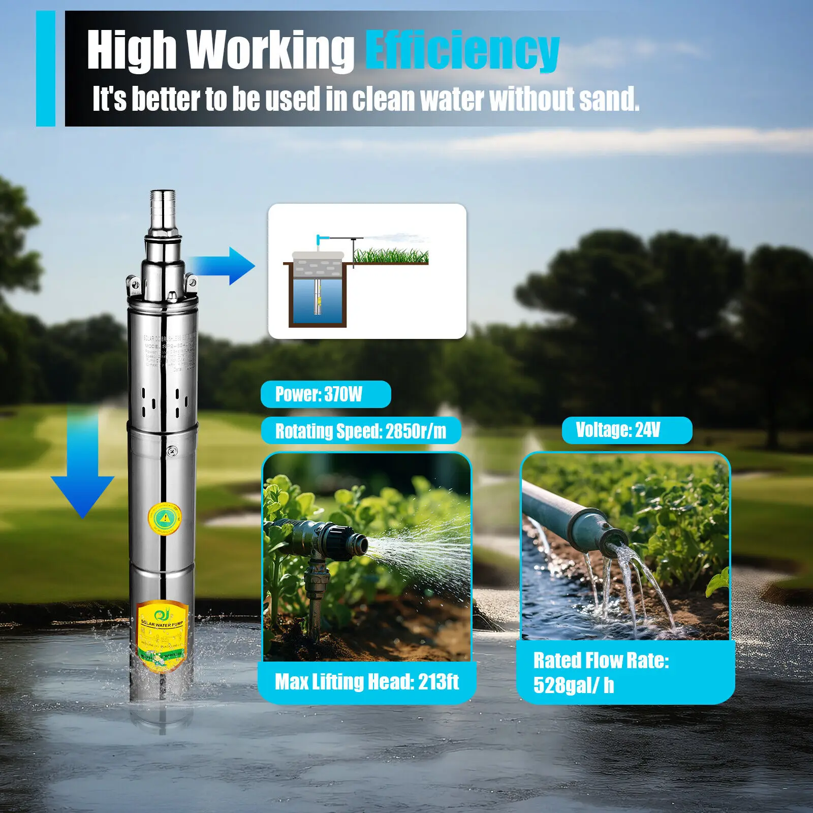 Submersible Water Pump Pump Stainless Steel DC24V 0.5HP 370W Deep Well Cylindrical Polished 2850RPM 65m Lift Garden Irrigation Household SP2-65-0.37