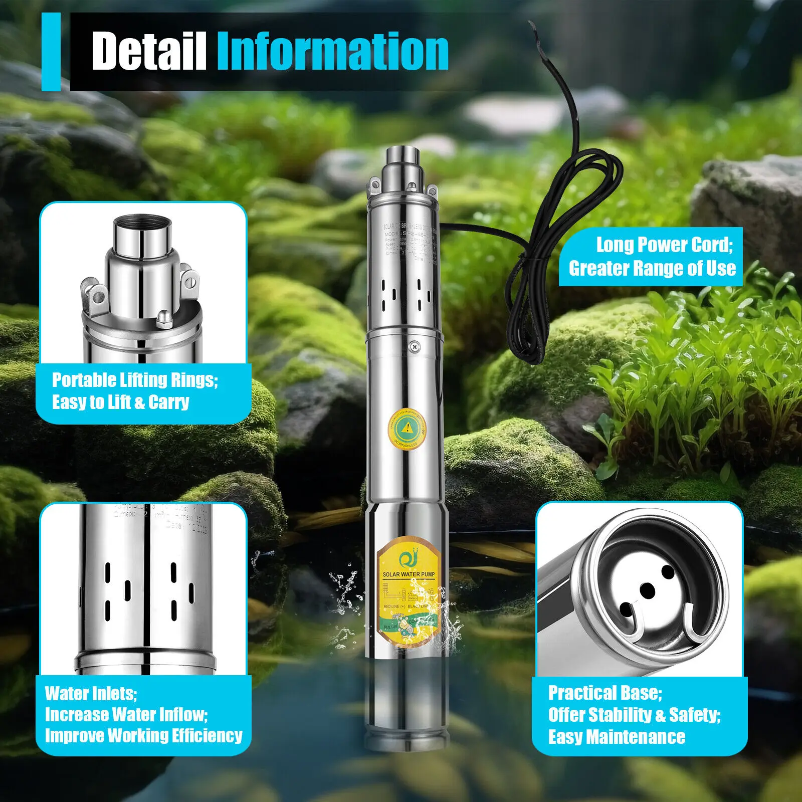 Submersible Water Pump Pump Stainless Steel DC24V 0.5HP 370W Deep Well Cylindrical Polished 2850RPM 65m Lift Garden Irrigation Household SP2-65-0.37