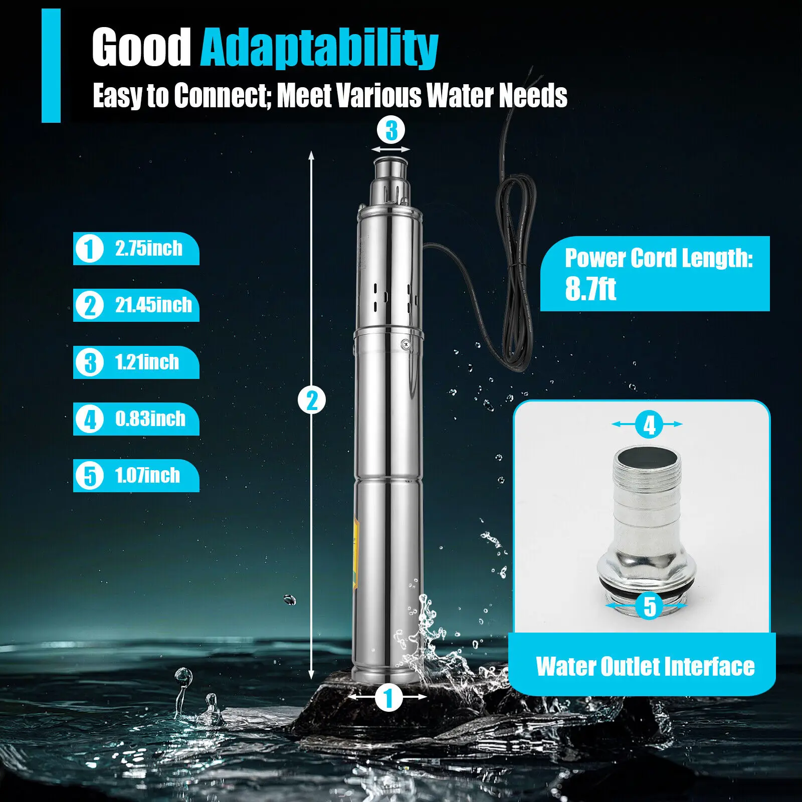 Submersible Water Pump Pump Stainless Steel DC24V 0.5HP 370W Deep Well Cylindrical Polished 2850RPM 65m Lift Garden Irrigation Household SP2-65-0.37