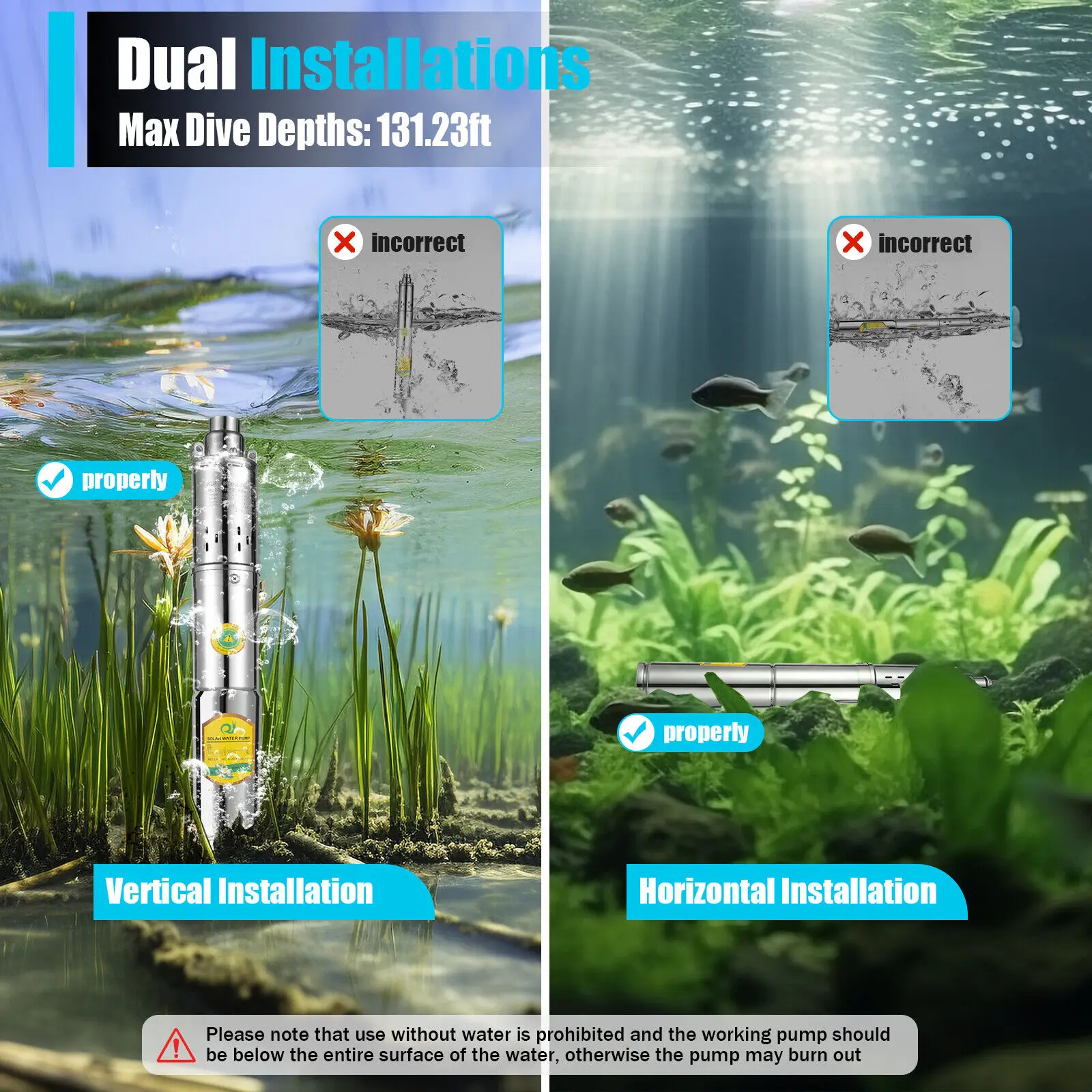 Submersible Water Pump Pump Stainless Steel DC24V 0.5HP 370W Deep Well Cylindrical Polished 2850RPM 65m Lift Garden Irrigation Household SP2-65-0.37