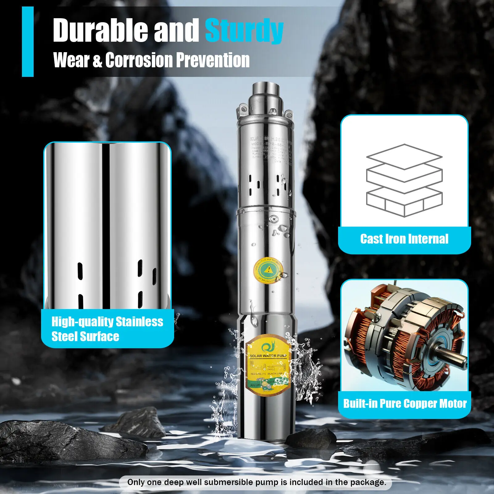 Submersible Water Pump Pump Stainless Steel DC24V 0.5HP 370W Deep Well Cylindrical Polished 2850RPM 65m Lift Garden Irrigation Household SP2-65-0.37