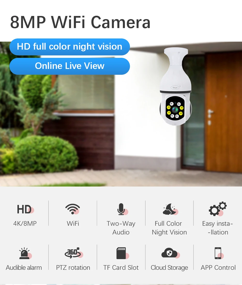 5GWiFi e27 Bulb Camera Indoor Monitoring Home Security Baby Monitor Full Color Automatic Human Tracking Safety Protector