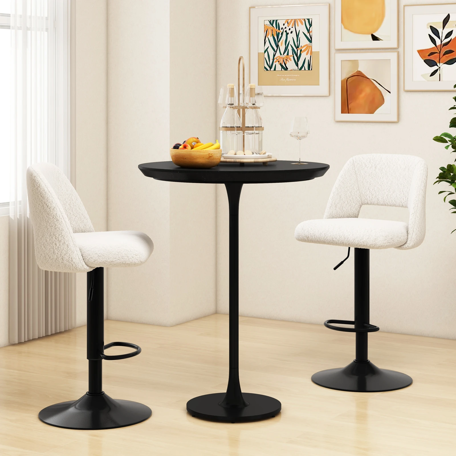 2 Set bar stools, bar chairs 63-83 cm adjustable in height from Teddy fabric, seat stool upholstered with backrest & footrest