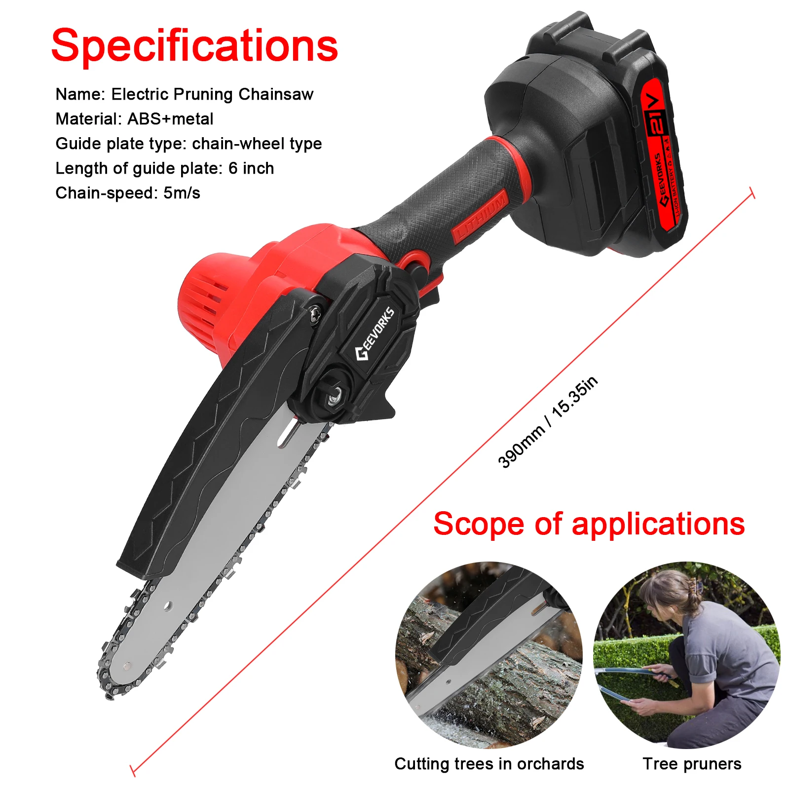21V 6inch Electric Pruning Saw Portable One-handed Wood Splitting Chainsaw Woodworking Tool for Garden Orchard Cutting Trimming
