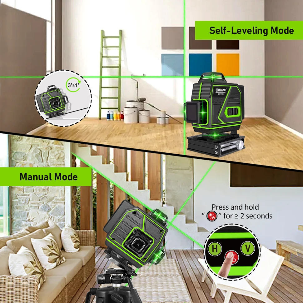 Clubiona 4D 16 Lines Laser Level 1PCS battery  with receiver Remote Pulse Mode Super Powerful Green Beams Professional level