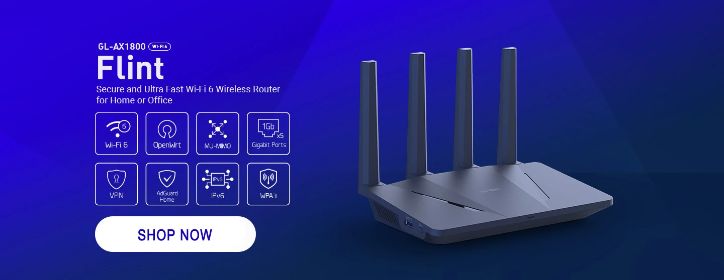 GL.iNet GL-AX1800(Flint) WiFi 6 Router -Dual Band Gigabit Wireless ,5 x 1G Ethernet Ports ,Amazing OpenVpn&WireGuard Speed