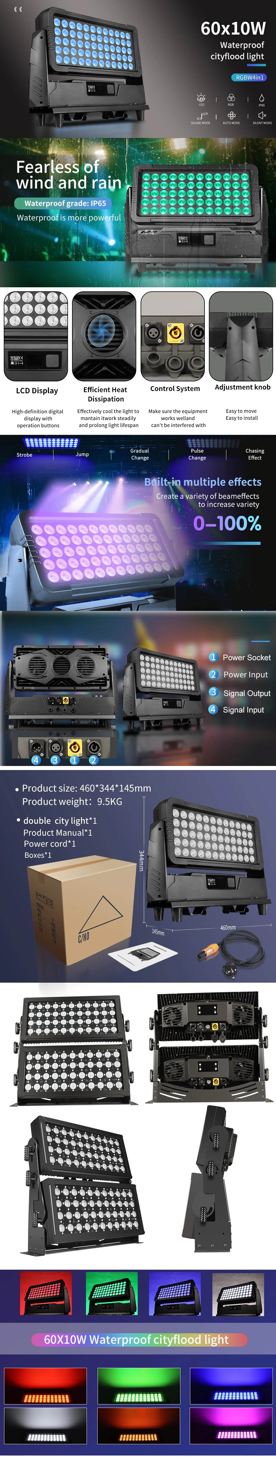 AICPOSE LED DMX 60x10W 4in1 RGBW Wall Wash Lights Outdoor IP65 LED City Color Light Stage Performance Party Light