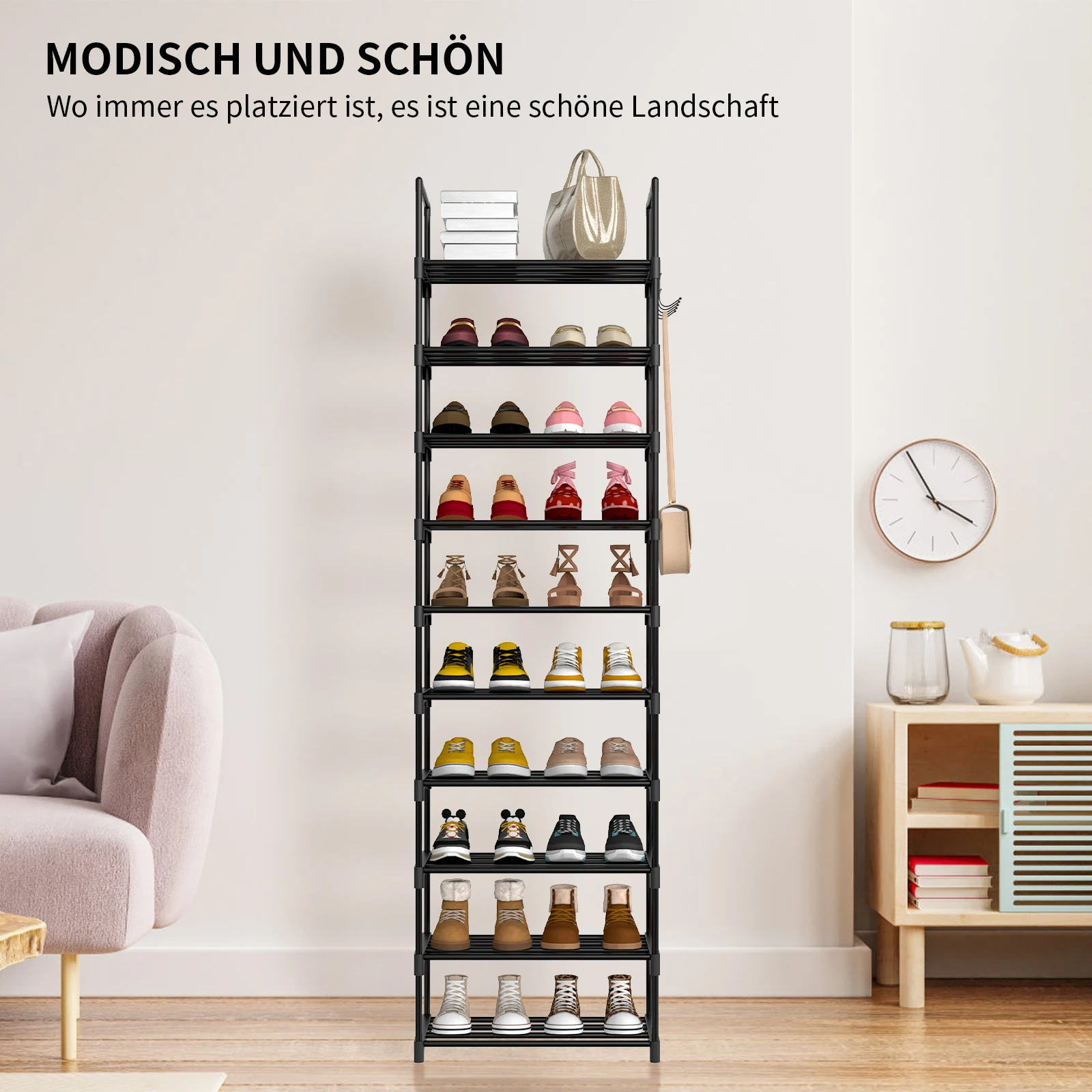10-Tier Metal Tube Rack Elevated Shoe Shelf For Living Room Space Saving Storage Racks