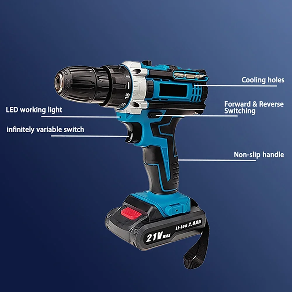 21V Cordless Electric Impact Drill Screwdriver 1600rpm High Speed Drills Rechargeable 32 Torque Household Drill Power DIY Tools