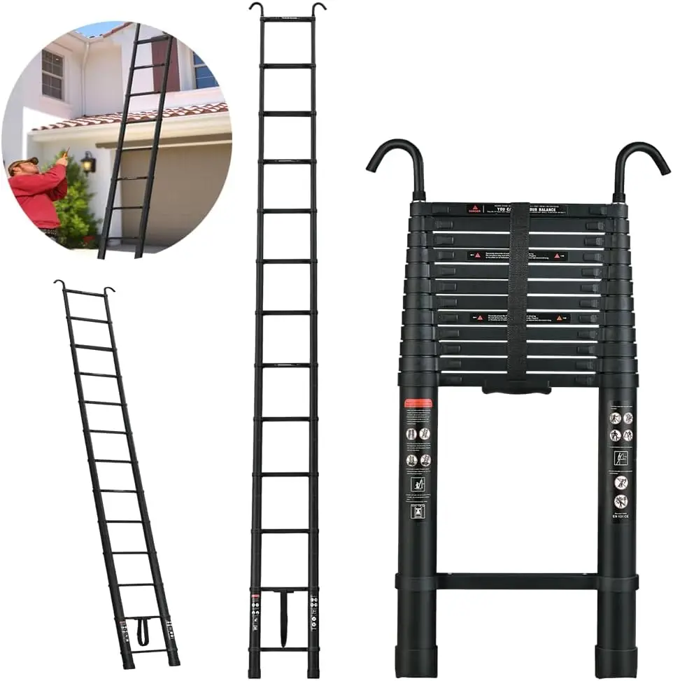 Black 5M Heavy Duty Telescopic Ladders 16.4FT Home Aluminum Extendable Roof Ladder With Detachable Hooks, Certificated EN131
