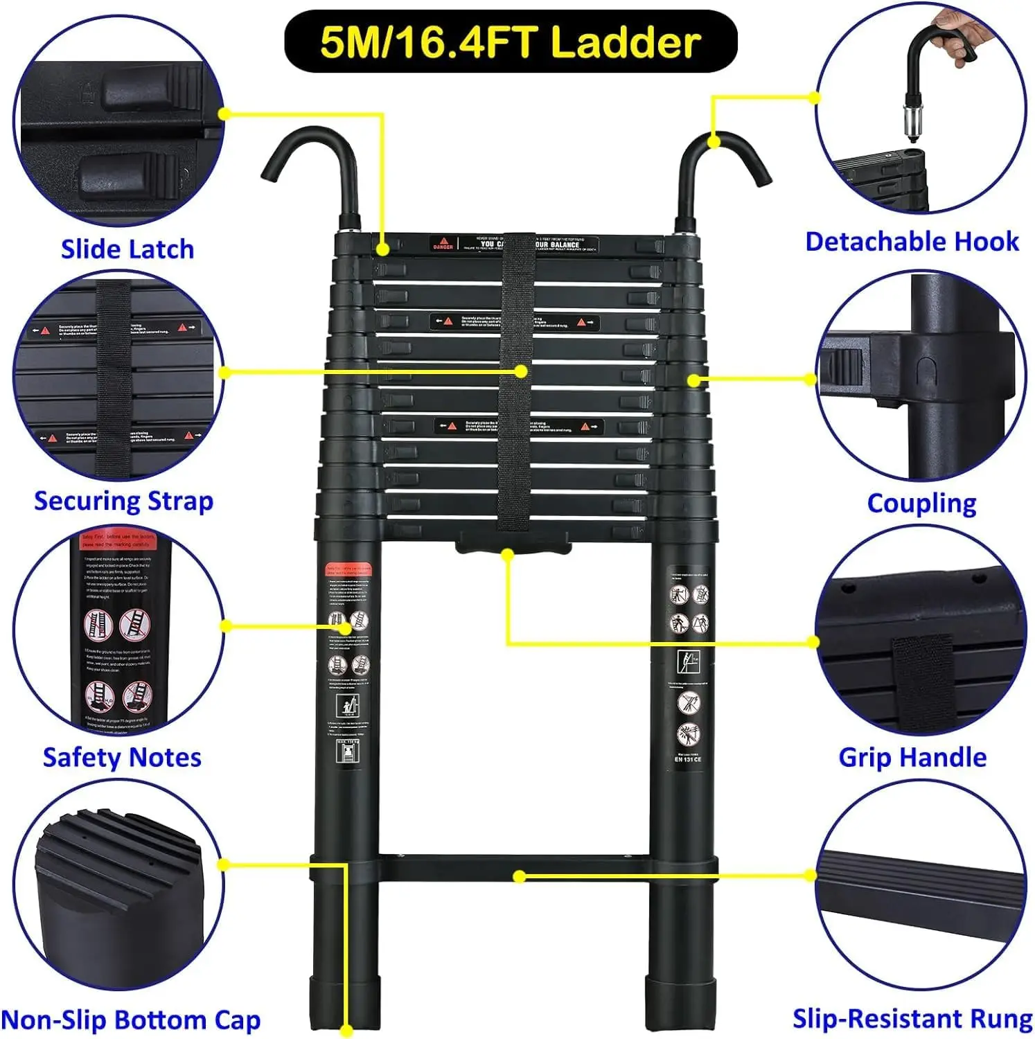 Black 5M Heavy Duty Telescopic Ladders 16.4FT Home Aluminum Extendable Roof Ladder With Detachable Hooks, Certificated EN131