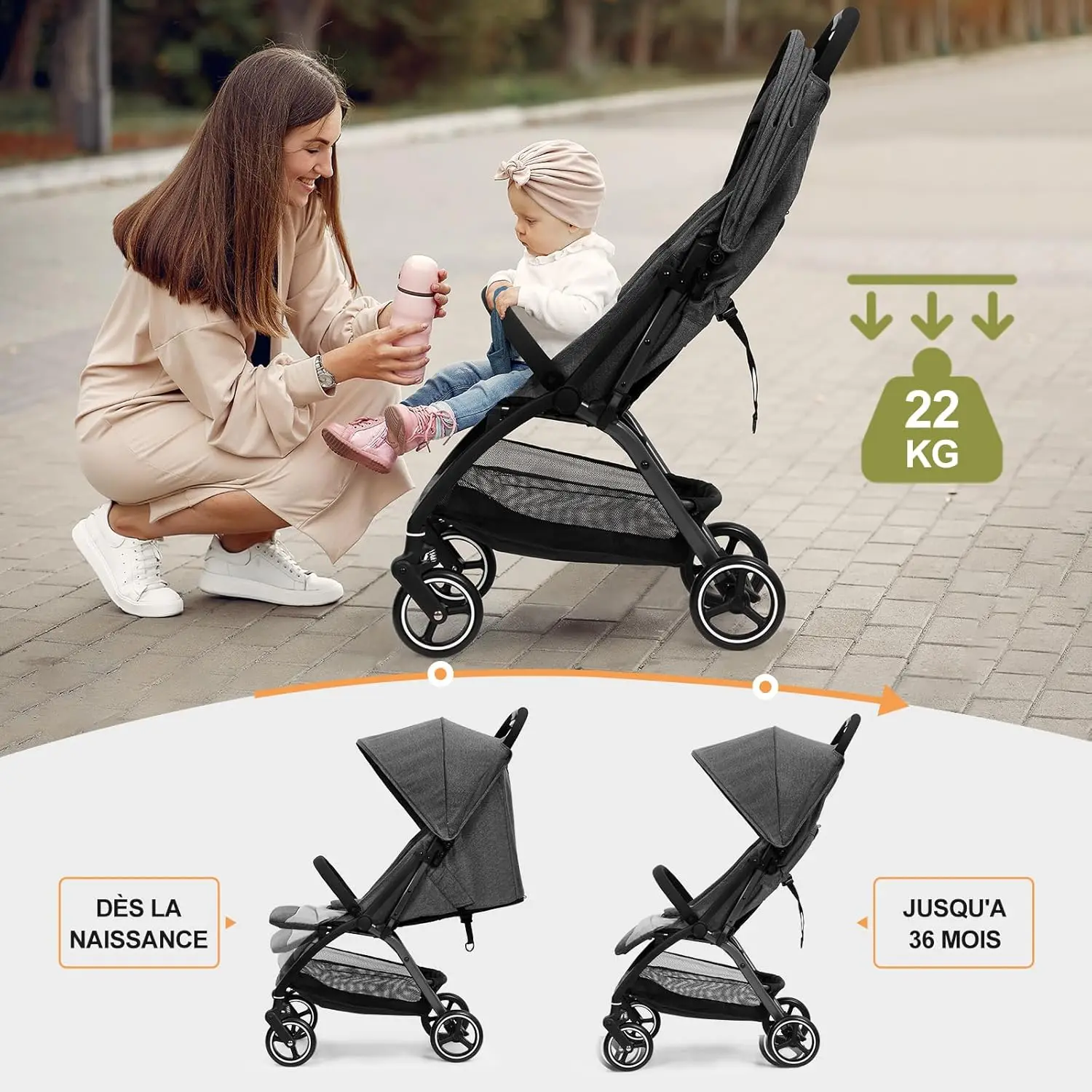 Stroller Rods Compact Stroller Ultra Light Baby Stroller Up to 22 Kg Foldable One Hand Adjustable Back Eva Tyres Sun Shade