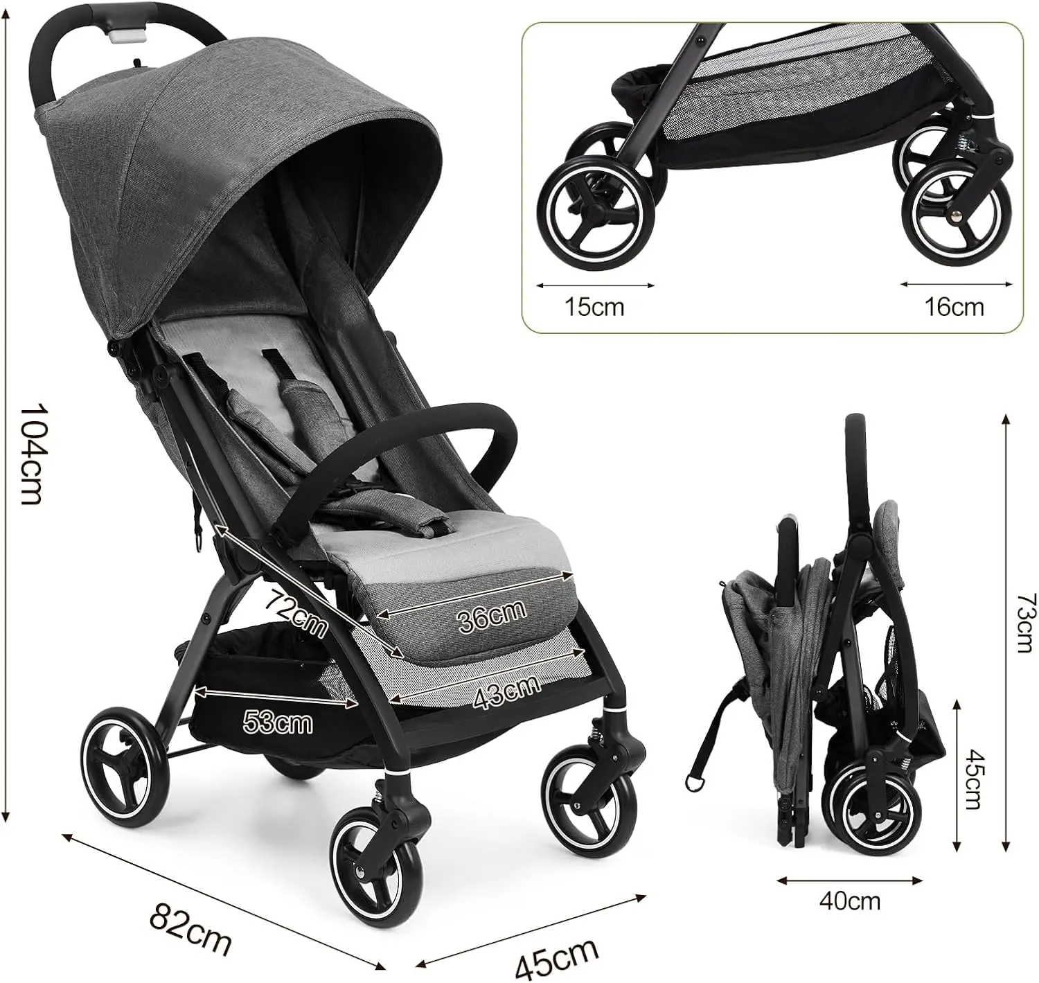 Stroller Rods Compact Stroller Ultra Light Baby Stroller Up to 22 Kg Foldable One Hand Adjustable Back Eva Tyres Sun Shade