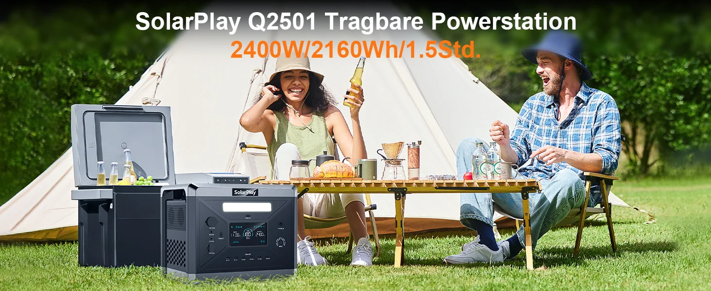 SOLARPLAY Camping Portable Power Station Solar Generator 2400W 2160WH AC-Steckdosen 12 Output Ports Fully Charged In 1.5 Hours