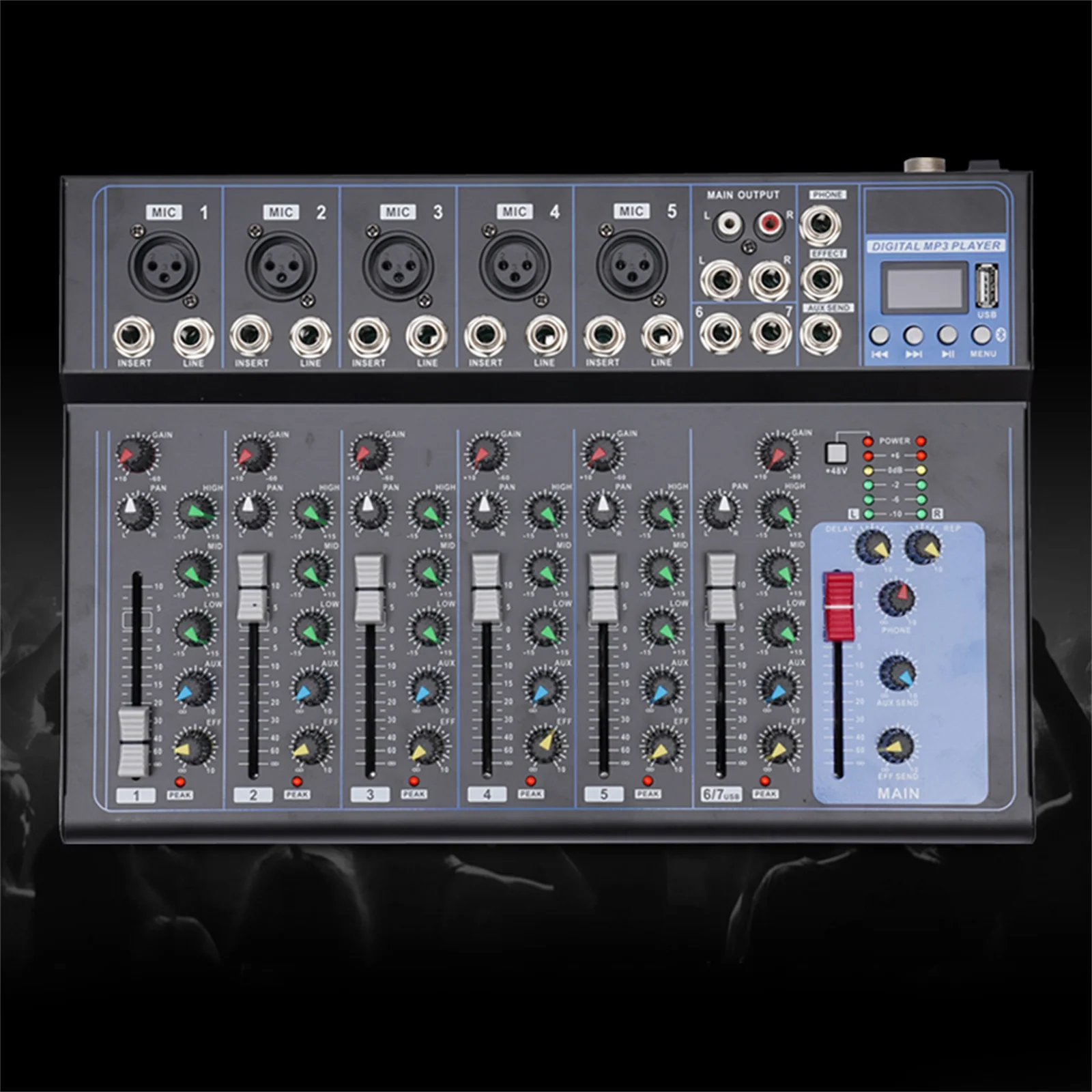 7-Kanal Professional Audio-Mixer, 7 Kanal Sound Mixing Console Digitaler Audio Mixer Stereo DJ Mixer Soundboard Konsole