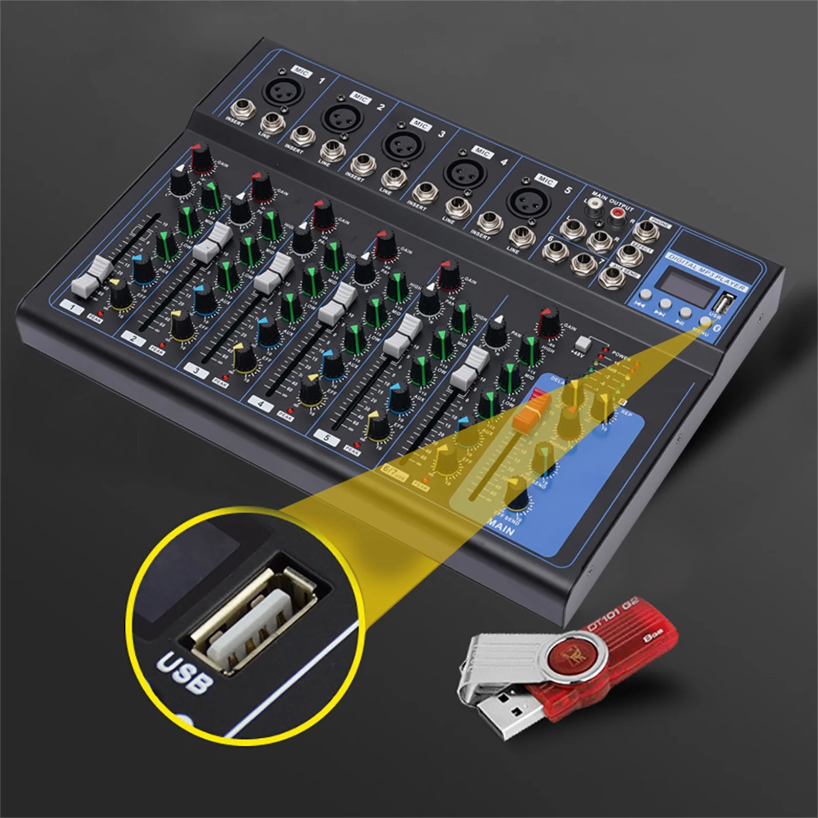 7-Kanal Professional Audio-Mixer, 7 Kanal Sound Mixing Console Digitaler Audio Mixer Stereo DJ Mixer Soundboard Konsole