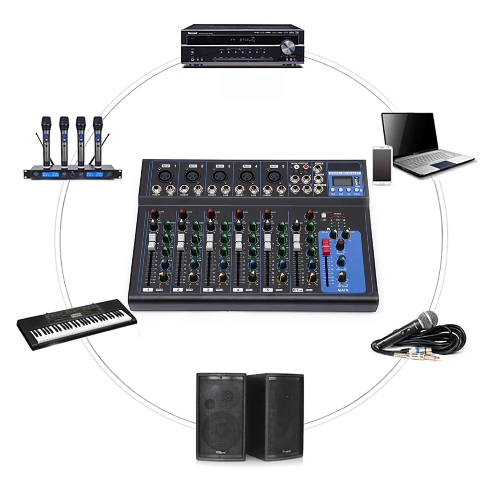 7-Kanal Professional Audio-Mixer, 7 Kanal Sound Mixing Console Digitaler Audio Mixer Stereo DJ Mixer Soundboard Konsole
