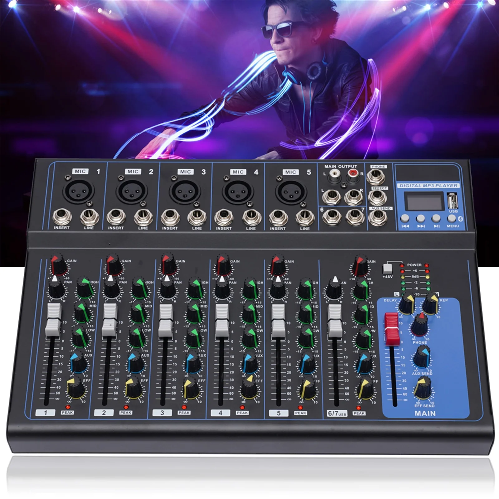 7-Kanal Professional Audio-Mixer, 7 Kanal Sound Mixing Console Digitaler Audio Mixer Stereo DJ Mixer Soundboard Konsole