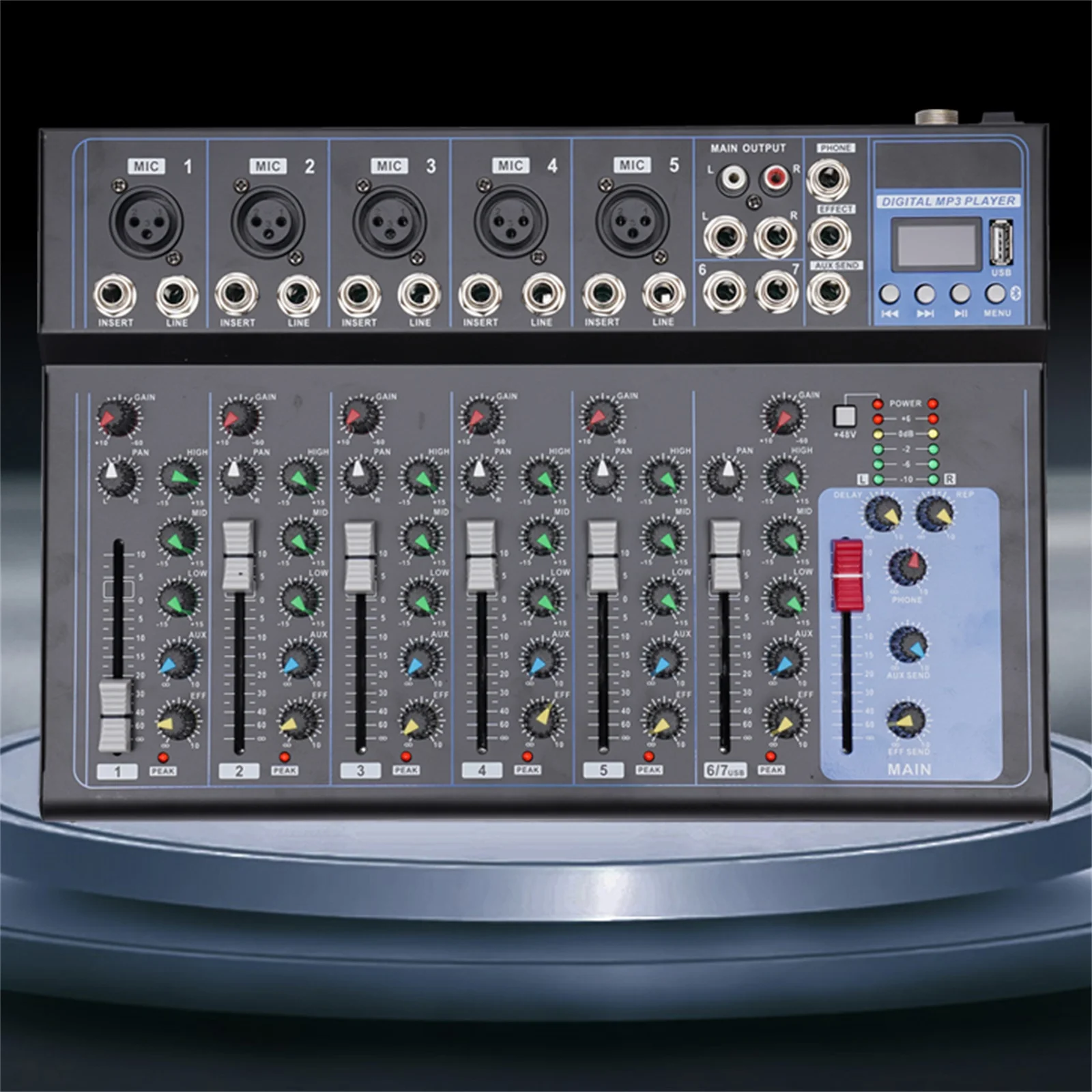 7-Kanal Professional Audio-Mixer, 7 Kanal Sound Mixing Console Digitaler Audio Mixer Stereo DJ Mixer Soundboard Konsole