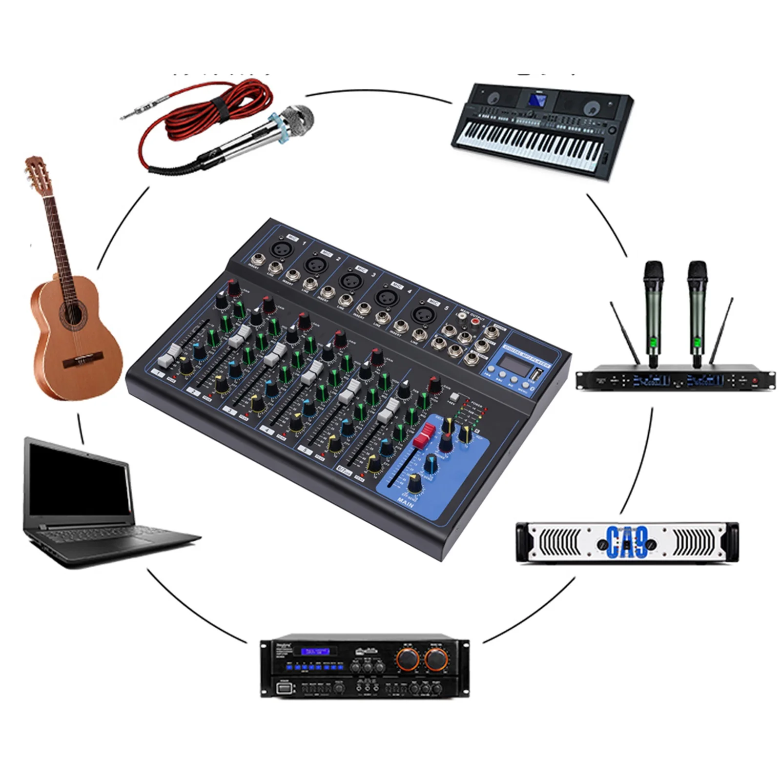 7-Kanal Professional Audio-Mixer, 7 Kanal Sound Mixing Console Digitaler Audio Mixer Stereo DJ Mixer Soundboard Konsole