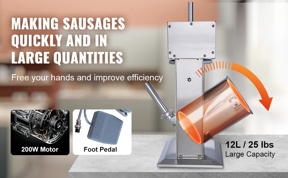 SucceBuy Electric Sausage Stuffer Vertical Meat Stuffer Speed Control Foot Pedal Made of 304 Stainless Steel 5 Stuffing Tubes