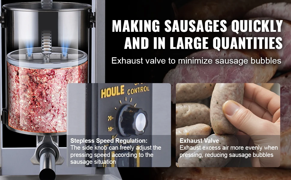 SucceBuy Electric Sausage Stuffer Vertical Meat Stuffer Speed Control Foot Pedal Made of 304 Stainless Steel 5 Stuffing Tubes