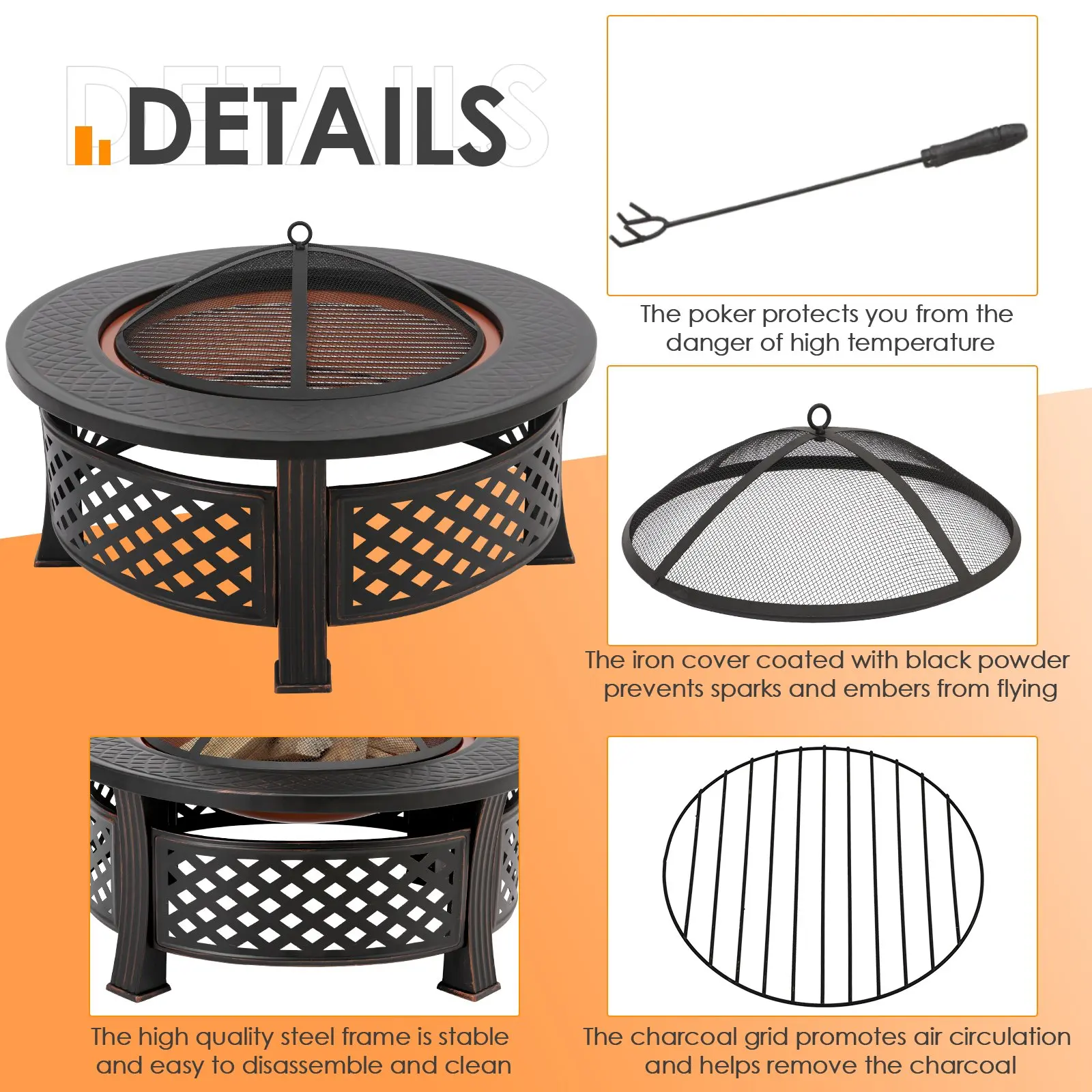 Large Ø81cm Fire Bowl with Grill Grate, with Spark Protection, 3 in 1 Fire Pit Fire Basket Spark Protection BBQ Heater, Black