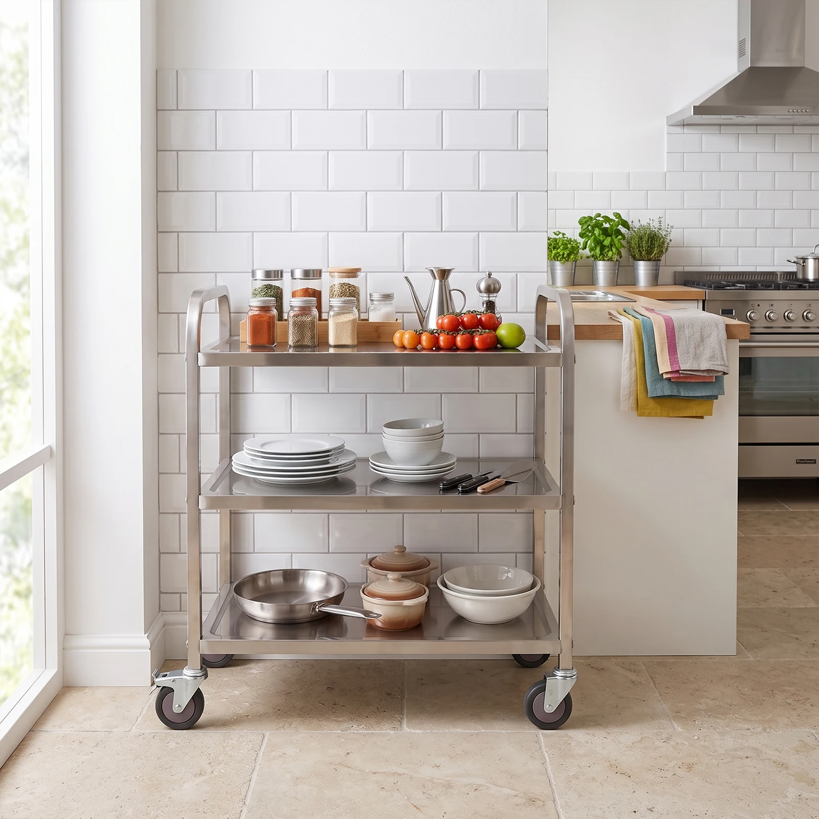 Stainless Steel Kitchen Serving Cart 3 Tiers 85x45x90cm with 4 Universal Wheels Restaurant Trolley for Storage And Organization