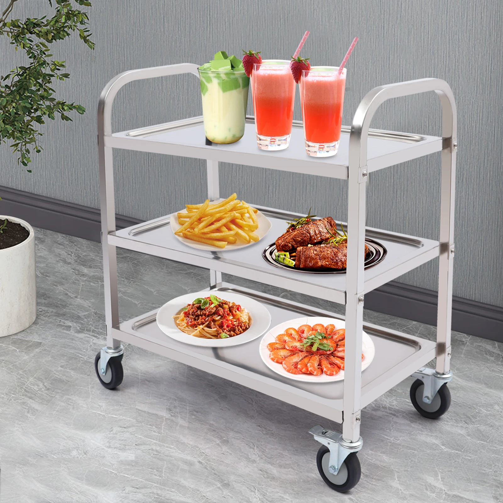 Stainless Steel Kitchen Serving Cart 3 Tiers 85x45x90cm with 4 Universal Wheels Restaurant Trolley for Storage And Organization
