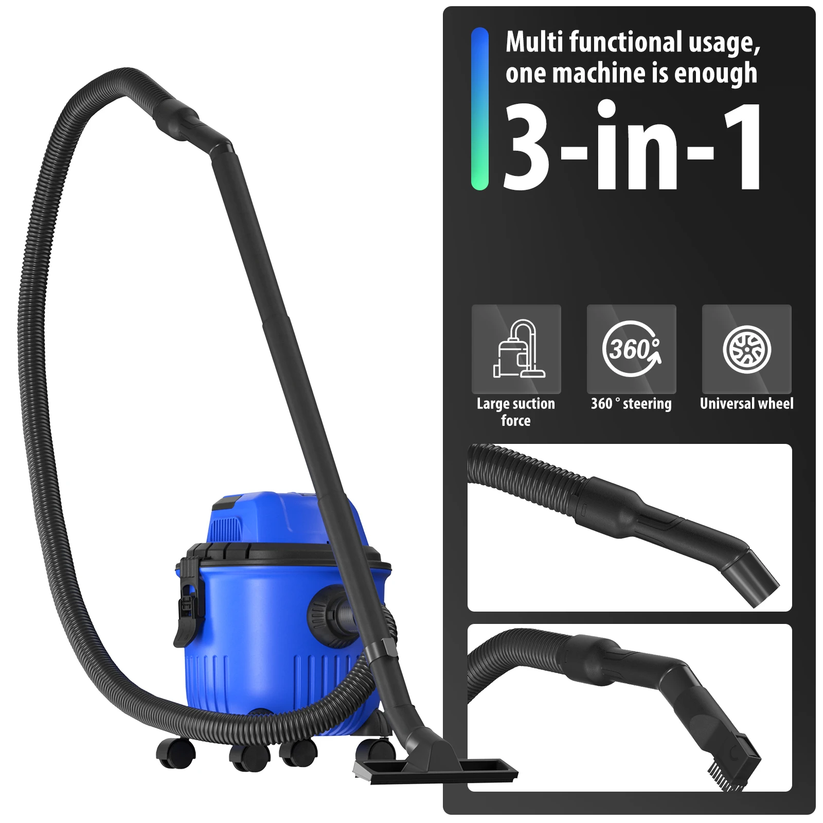 1800W Wet And Dry Vacuum Cleaner 15L Tank 3-in-1 Cleaning Vacuum Blow Function Electric 2m Cord for Home Car Dust Collection