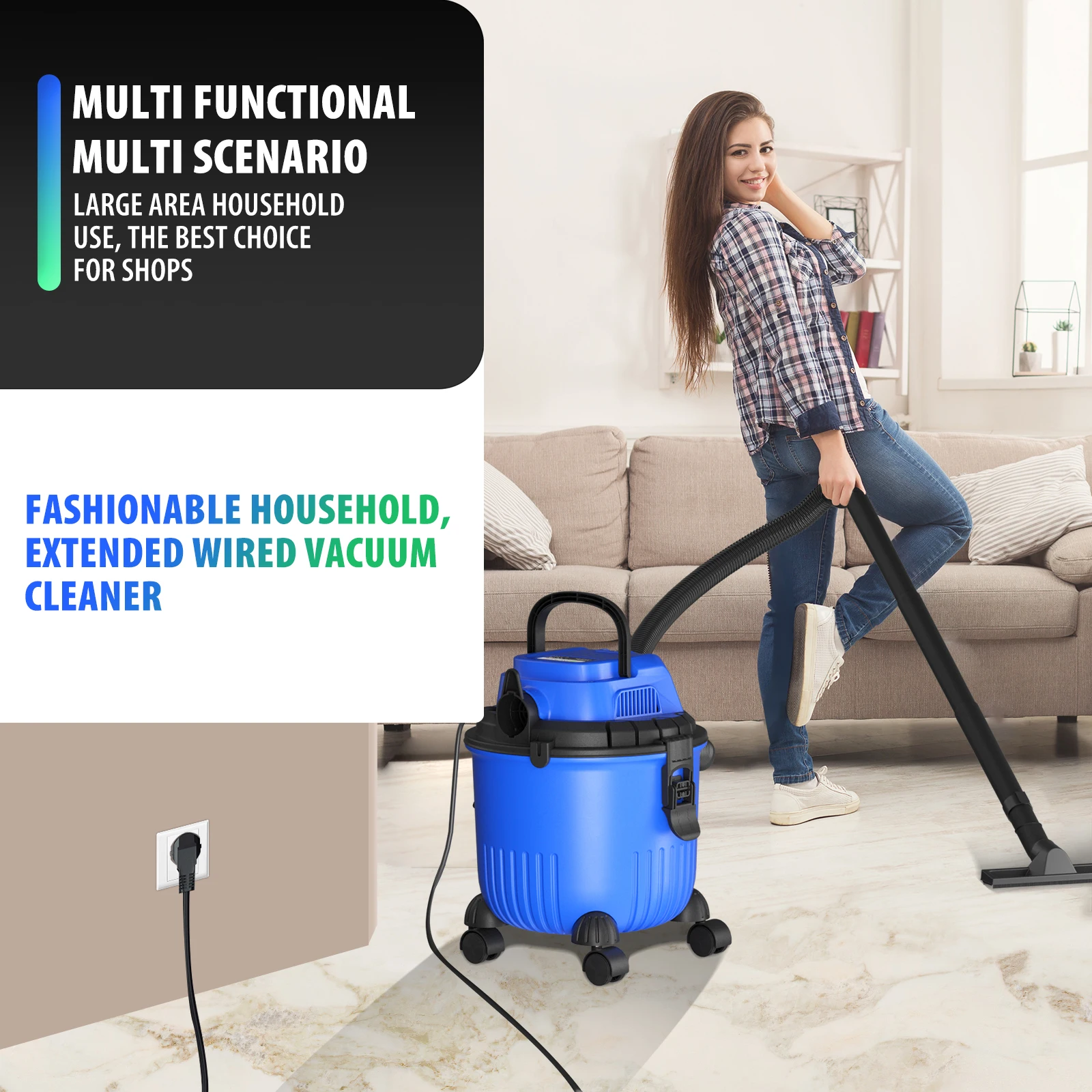1800W Wet And Dry Vacuum Cleaner 15L Tank 3-in-1 Cleaning Vacuum Blow Function Electric 2m Cord for Home Car Dust Collection