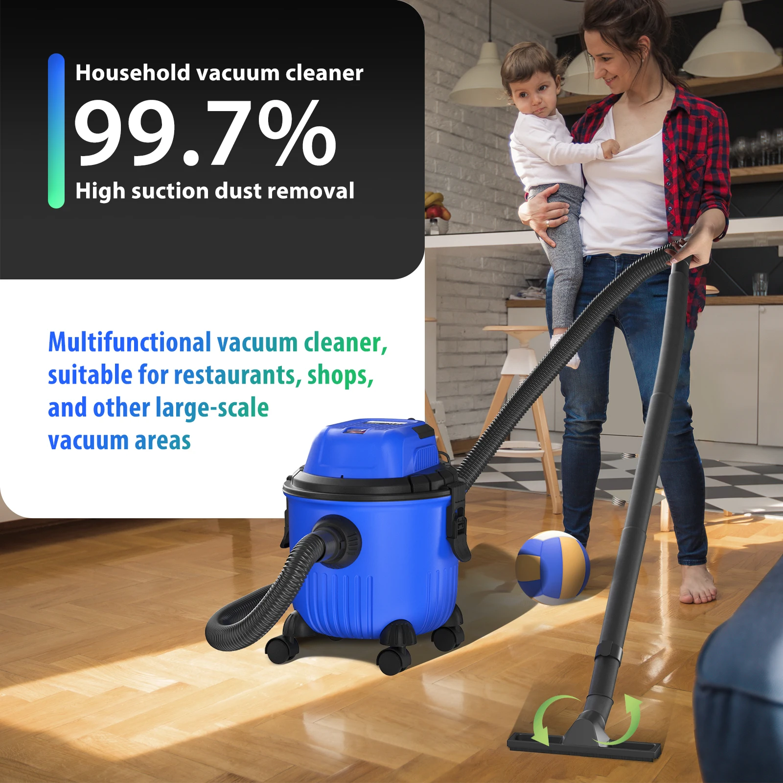 1800W Wet And Dry Vacuum Cleaner 15L Tank 3-in-1 Cleaning Vacuum Blow Function Electric 2m Cord for Home Car Dust Collection