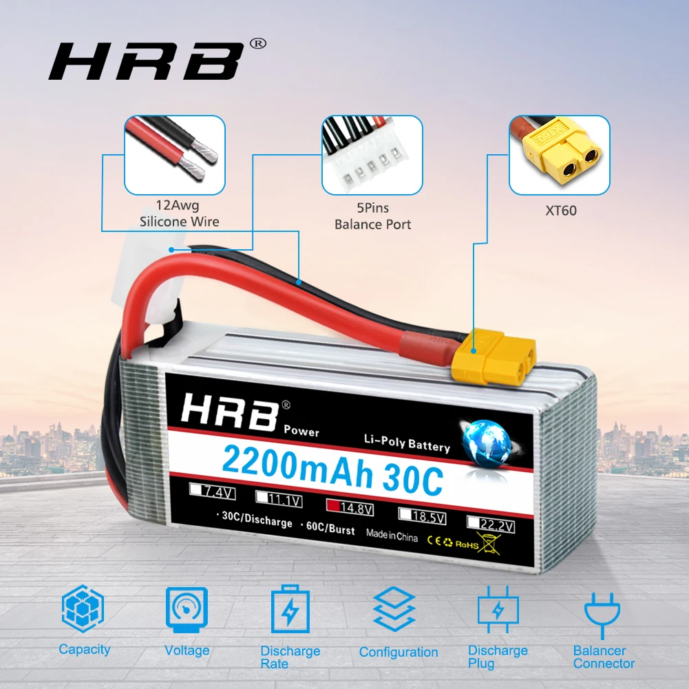 HRB 4S 2200mah Lipo Battery 14.8v RC Battery 30C with XT60 Connector 105*34*32mm for UVA Fpv Drones Airplane RC Truck RC Car