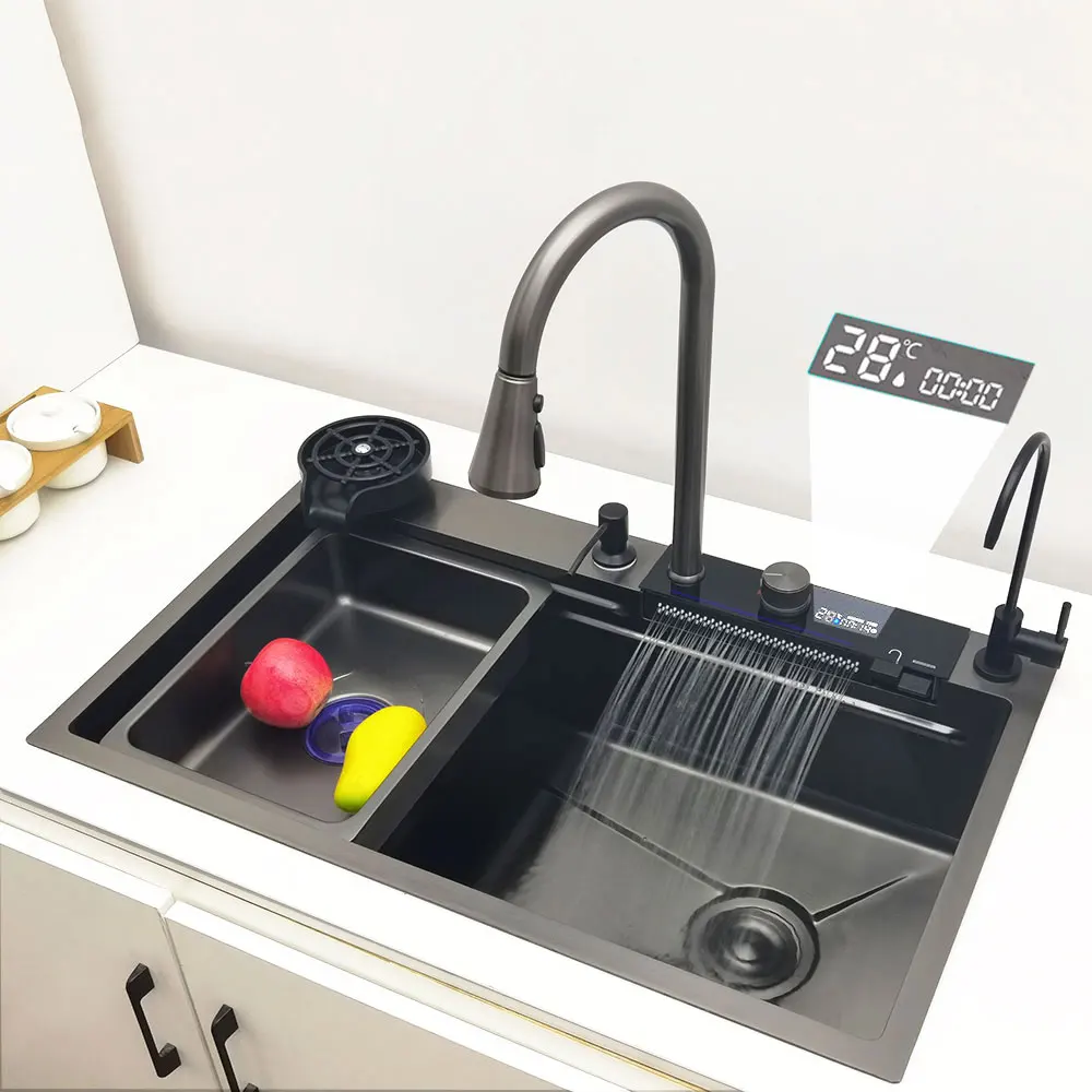 LED Waterfall Kitchen Sink 304 Stainless Steel Sink Large Single Basin With Multifunction Waterfall Faucet Above Counter