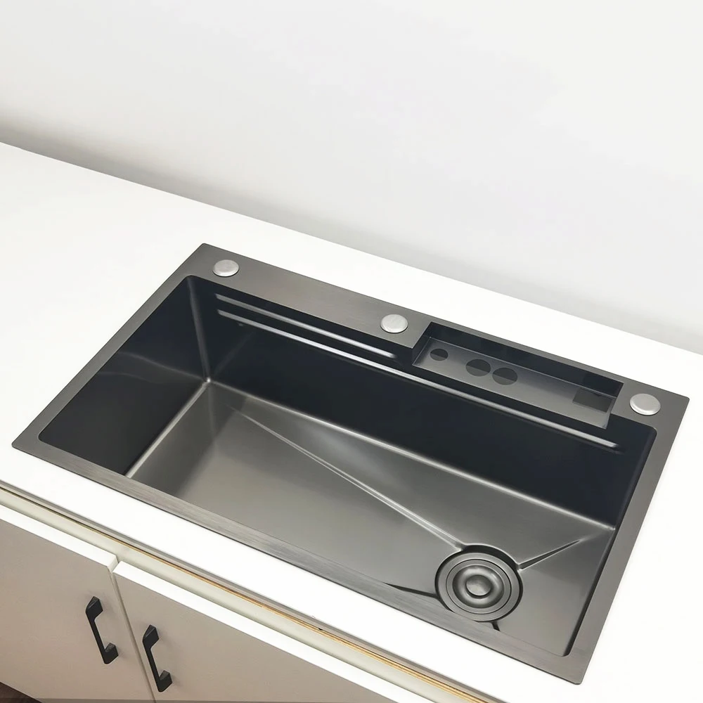 LED Waterfall Kitchen Sink 304 Stainless Steel Sink Large Single Basin With Multifunction Waterfall Faucet Above Counter